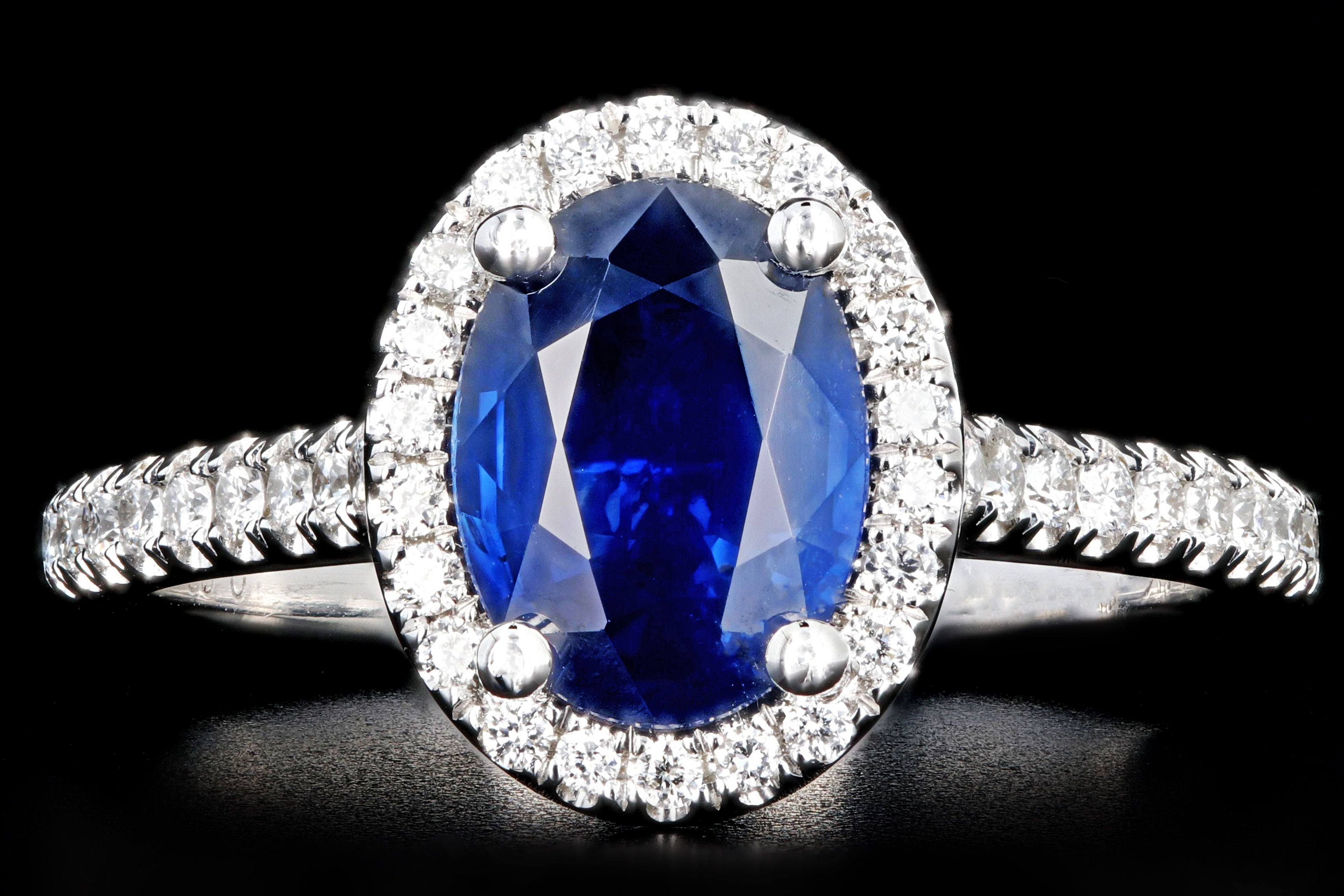 New 14K White Gold 1.58 Carat Oval Cut Sapphire and Diamond Halo Ring - Queen May