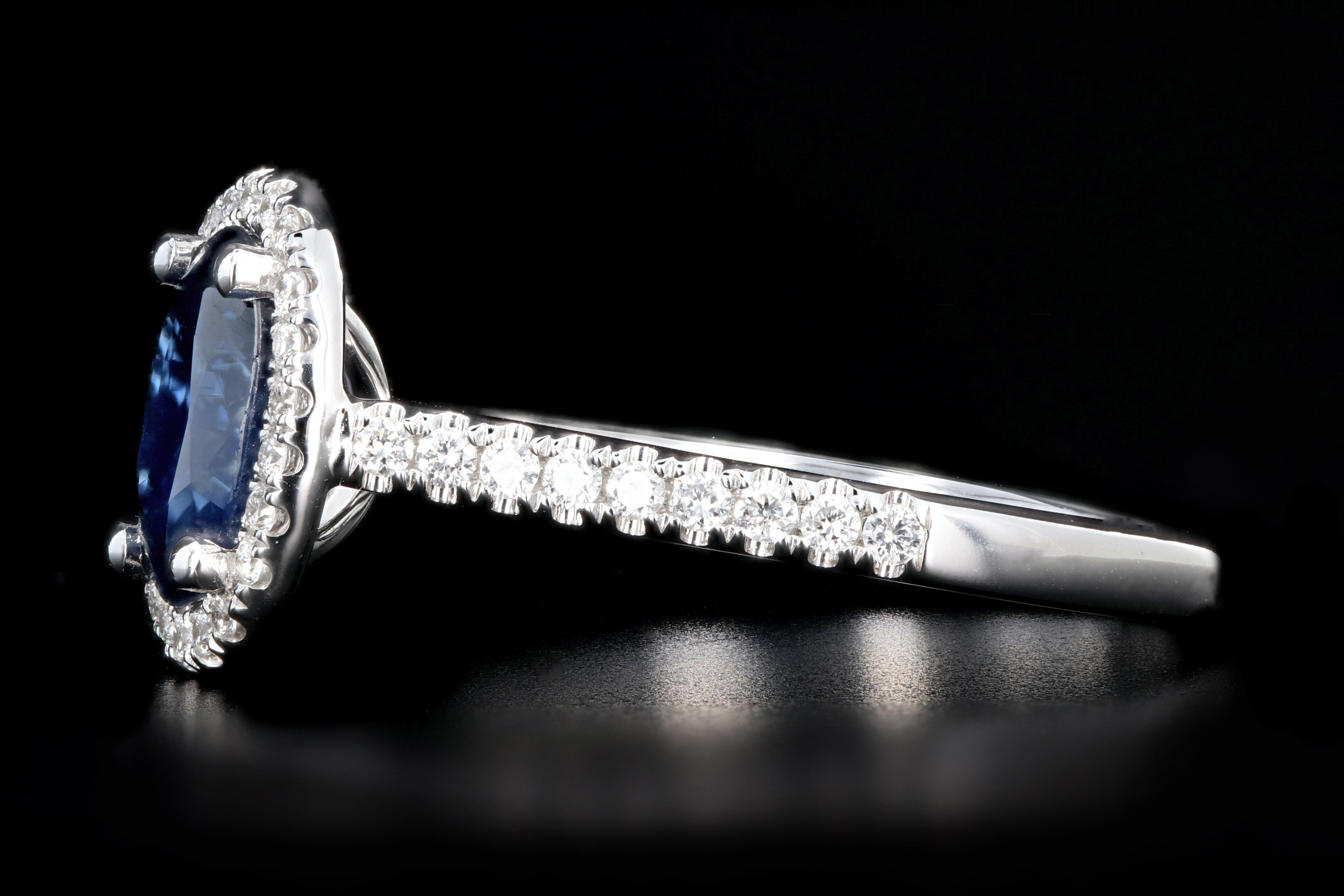New 14K White Gold 1.58 Carat Oval Cut Sapphire and Diamond Halo Ring - Queen May