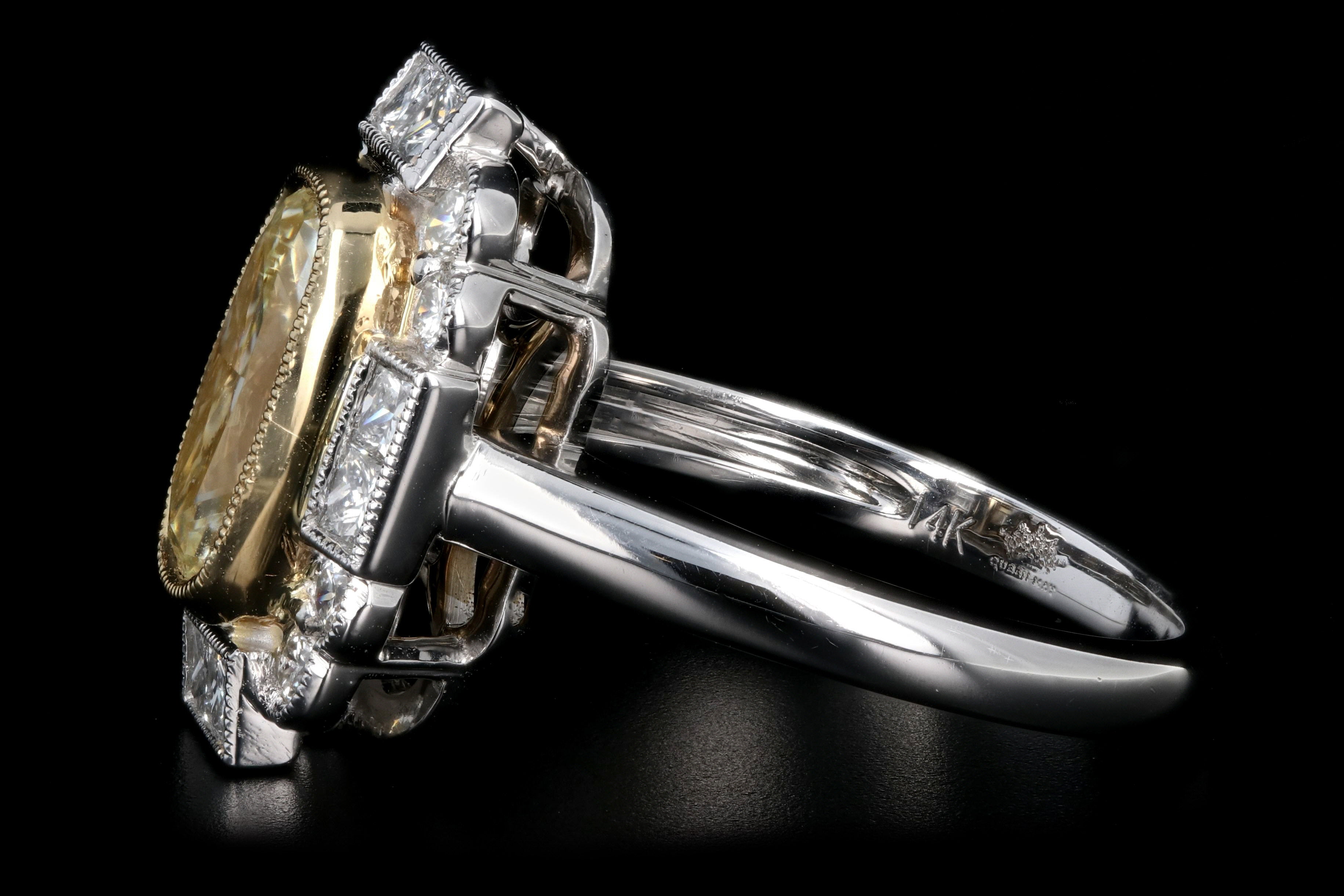New 14K White Gold 2.04 Light Yellow Cushion Cut and White Diamond Ring - Queen May