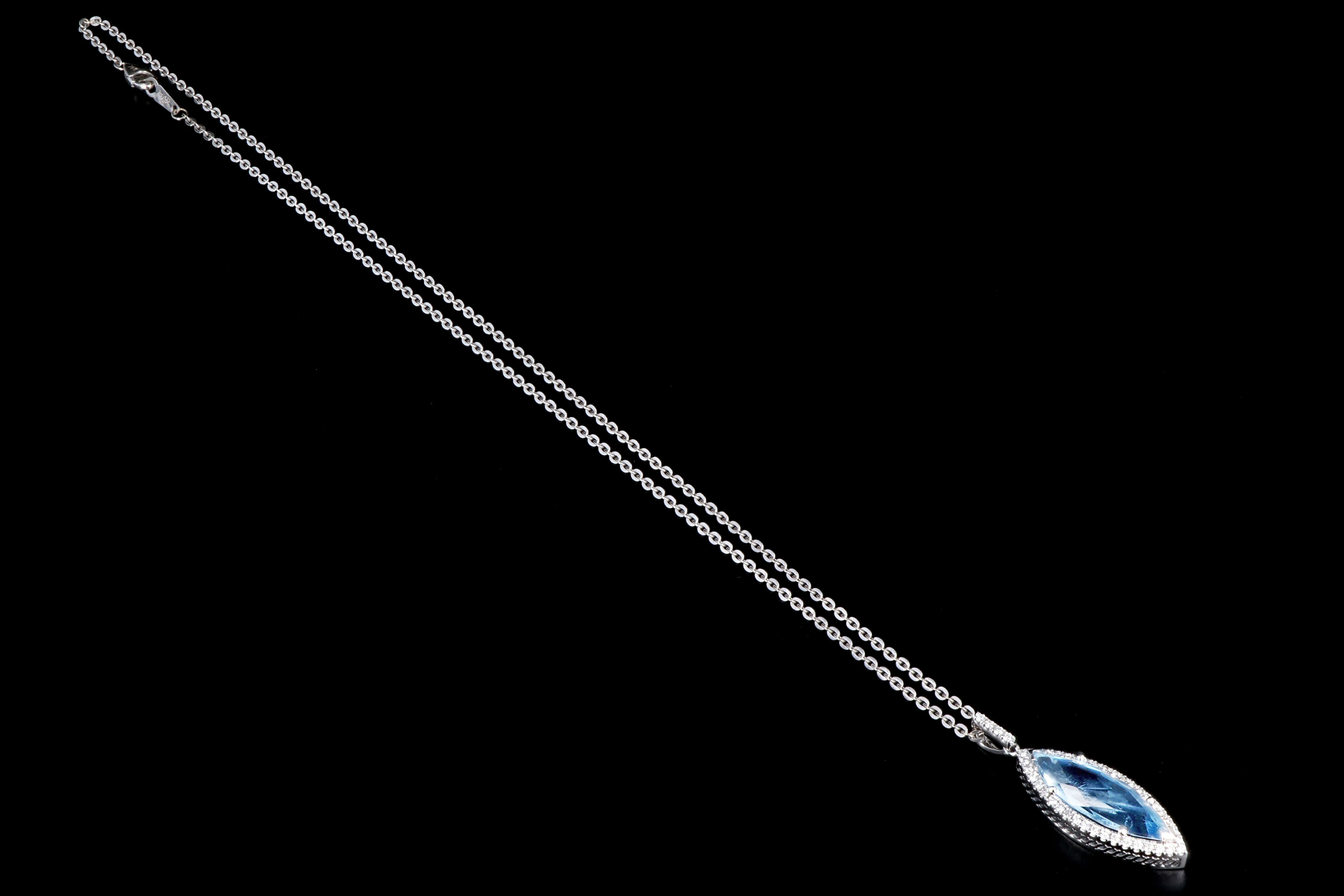 New 14K White Gold 4.47 Carat Marquise Cut Aquamarine and Diamond Halo Necklace - Queen May