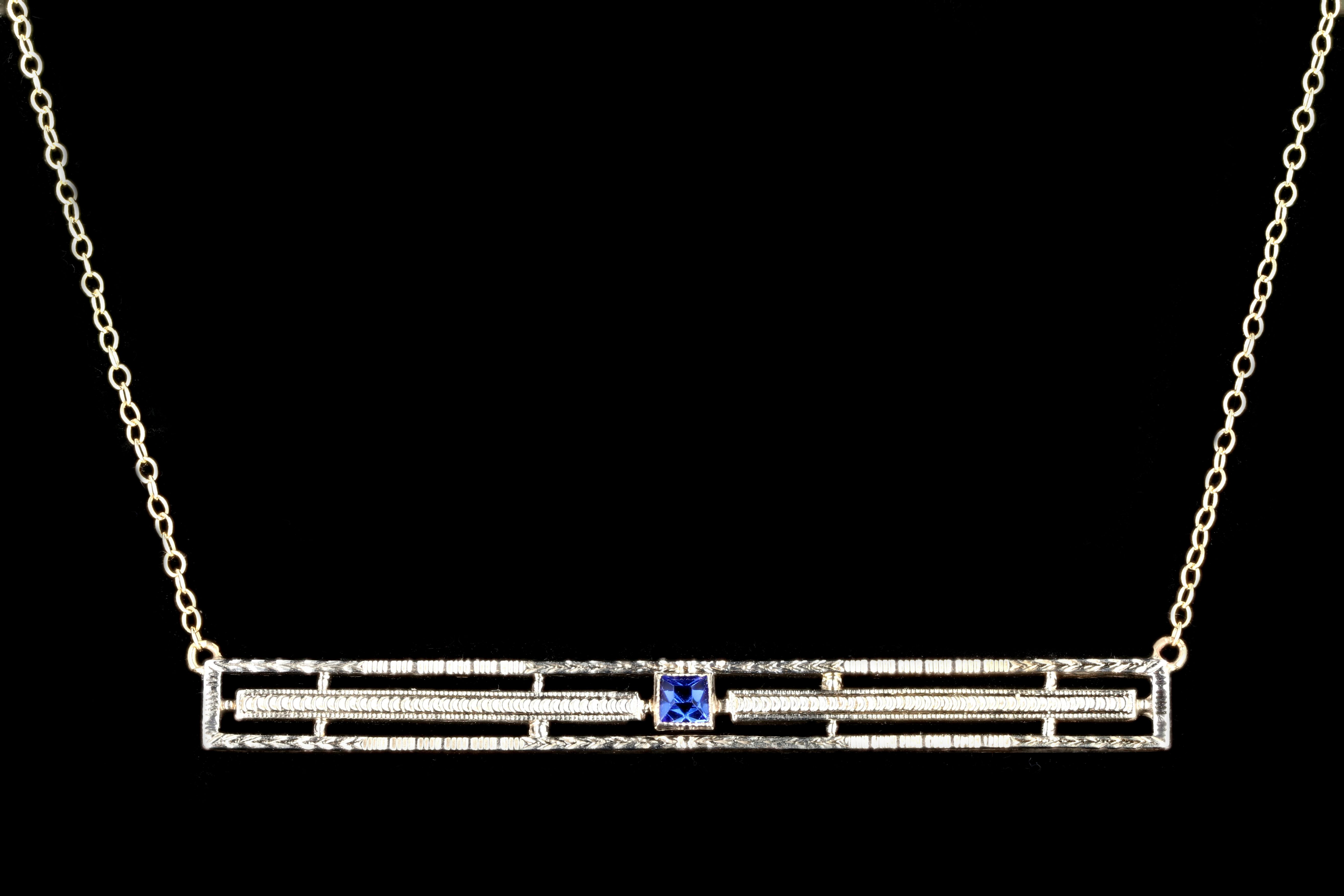 Art Deco 10K Yellow Gold Carat Synthetic Sapphire Bar Pin Conversion Necklace - Queen May