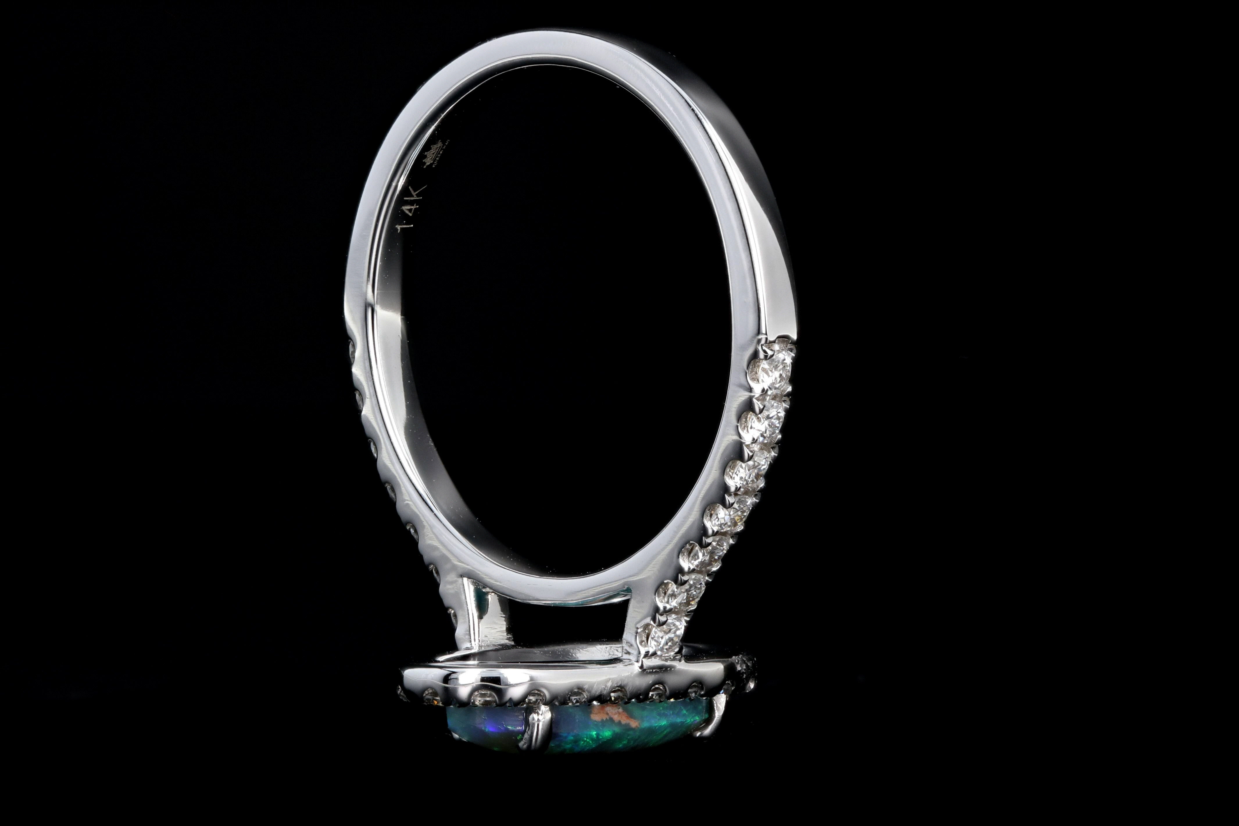 New 14K White Gold 1.11 Carat Oval Cut Black Opal and Diamond Ring - Queen May