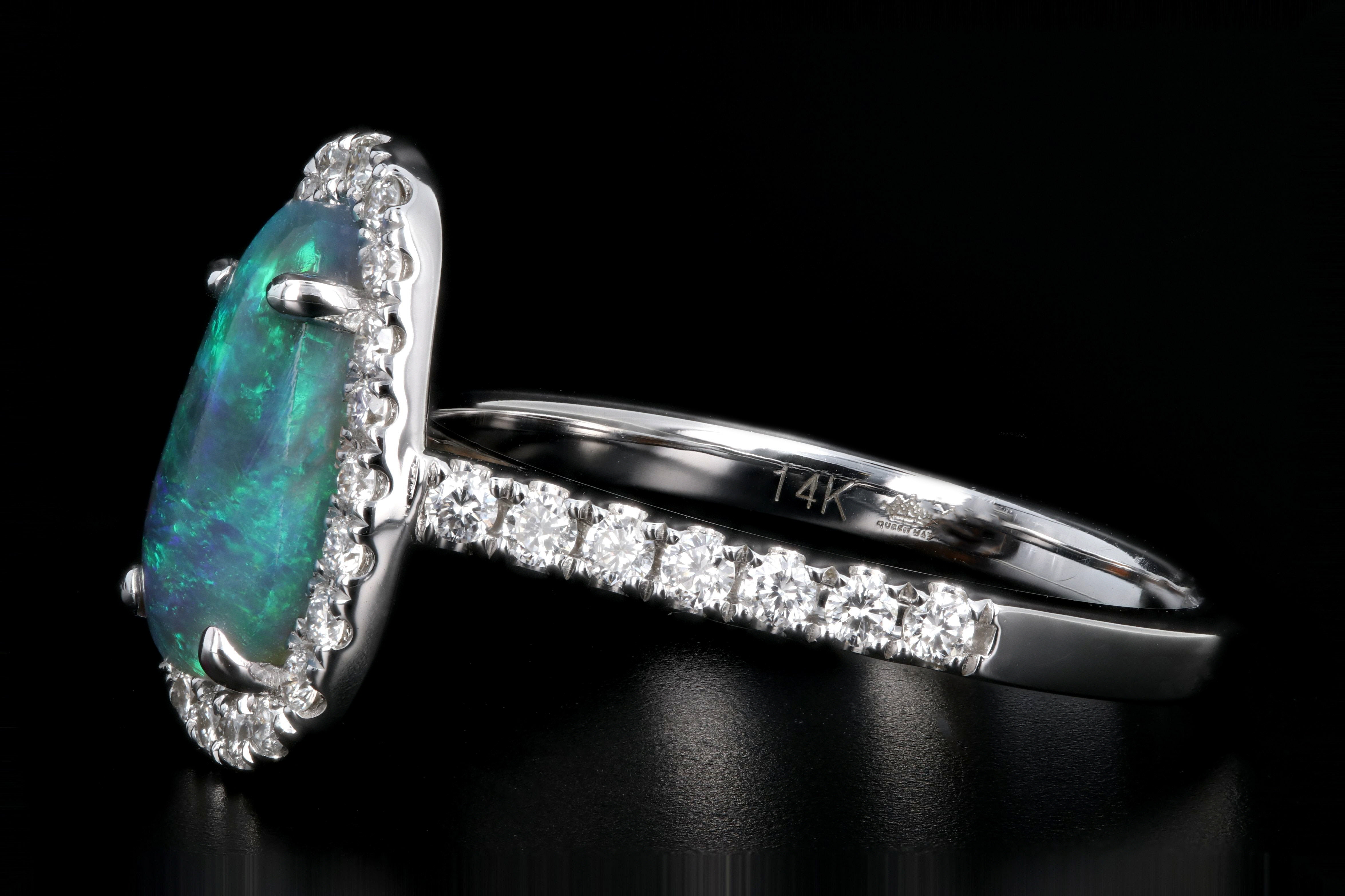 New 14K White Gold 1.11 Carat Oval Cut Black Opal and Diamond Ring - Queen May