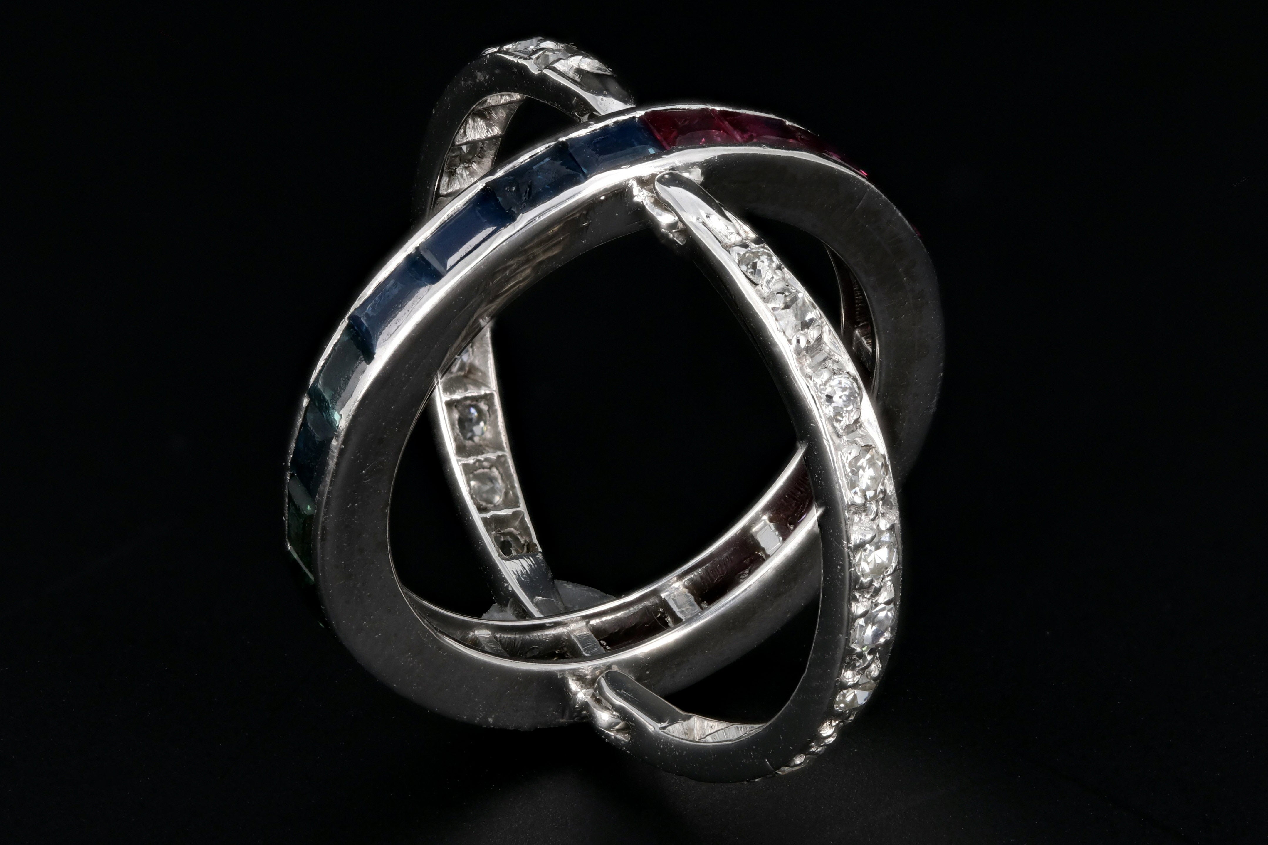 Art Deco Platinum Flip Ring with Sapphires, Rubies, and Diamonds - Queen May
