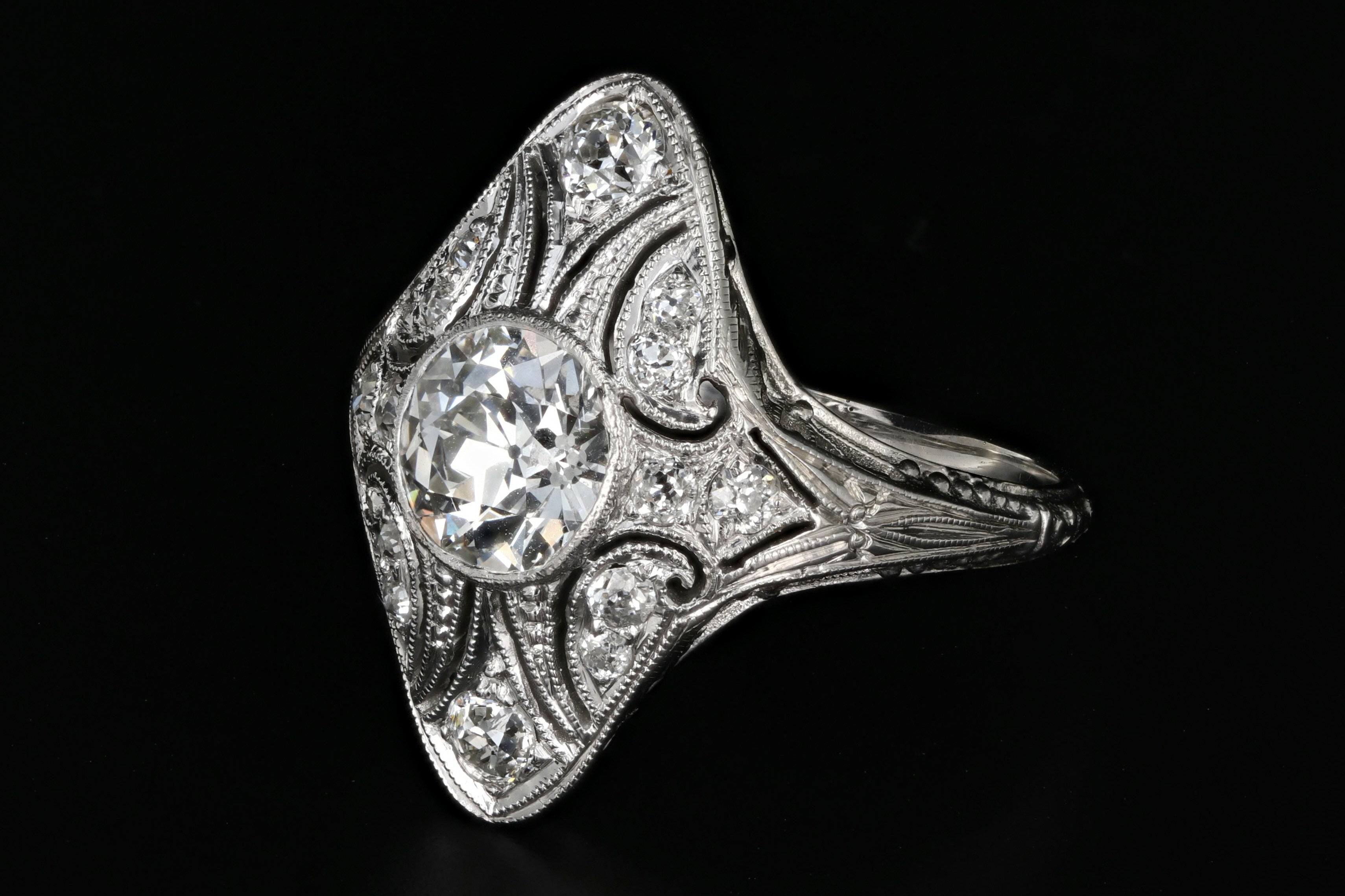 Art Deco 18K White Gold 1.15 Carat Old European Cut Diamond Shield Ring GIA Certified - Queen May