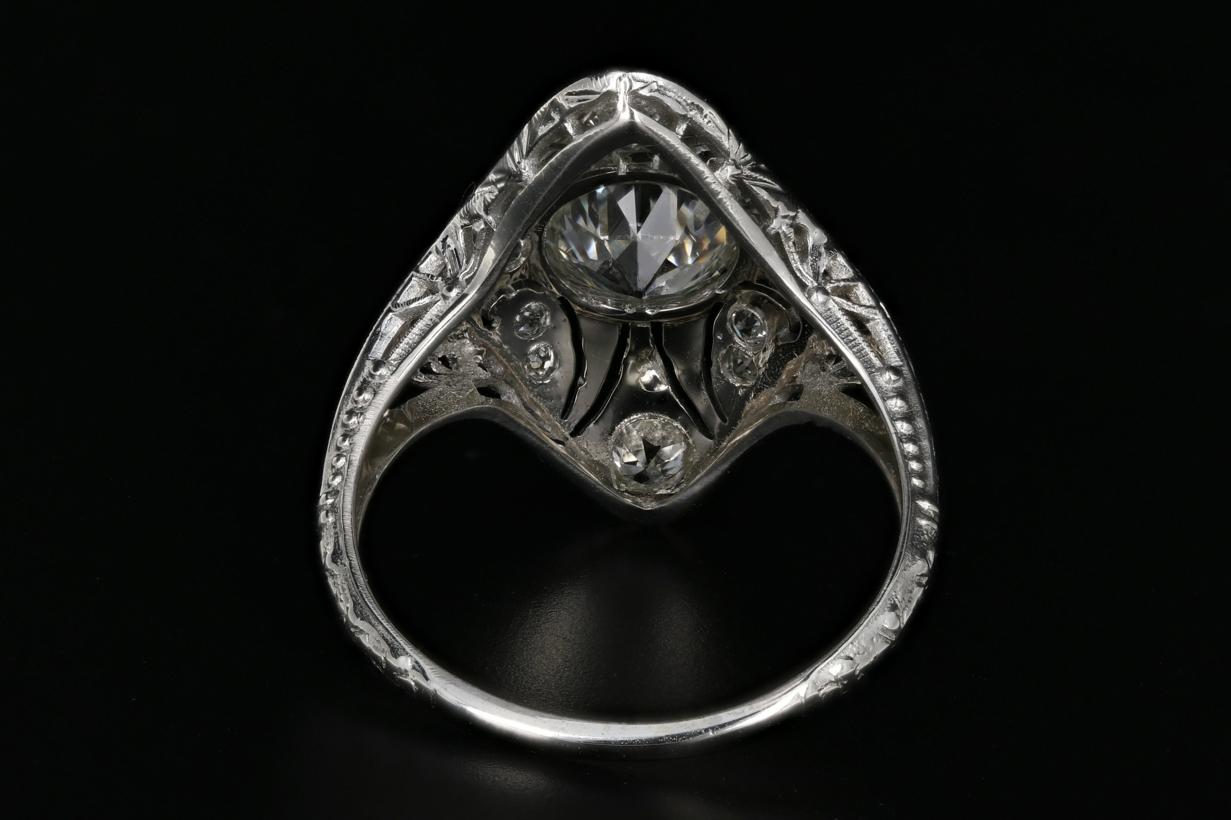 Art Deco 18K White Gold 1.15 Carat Old European Cut Diamond Shield Ring GIA Certified - Queen May