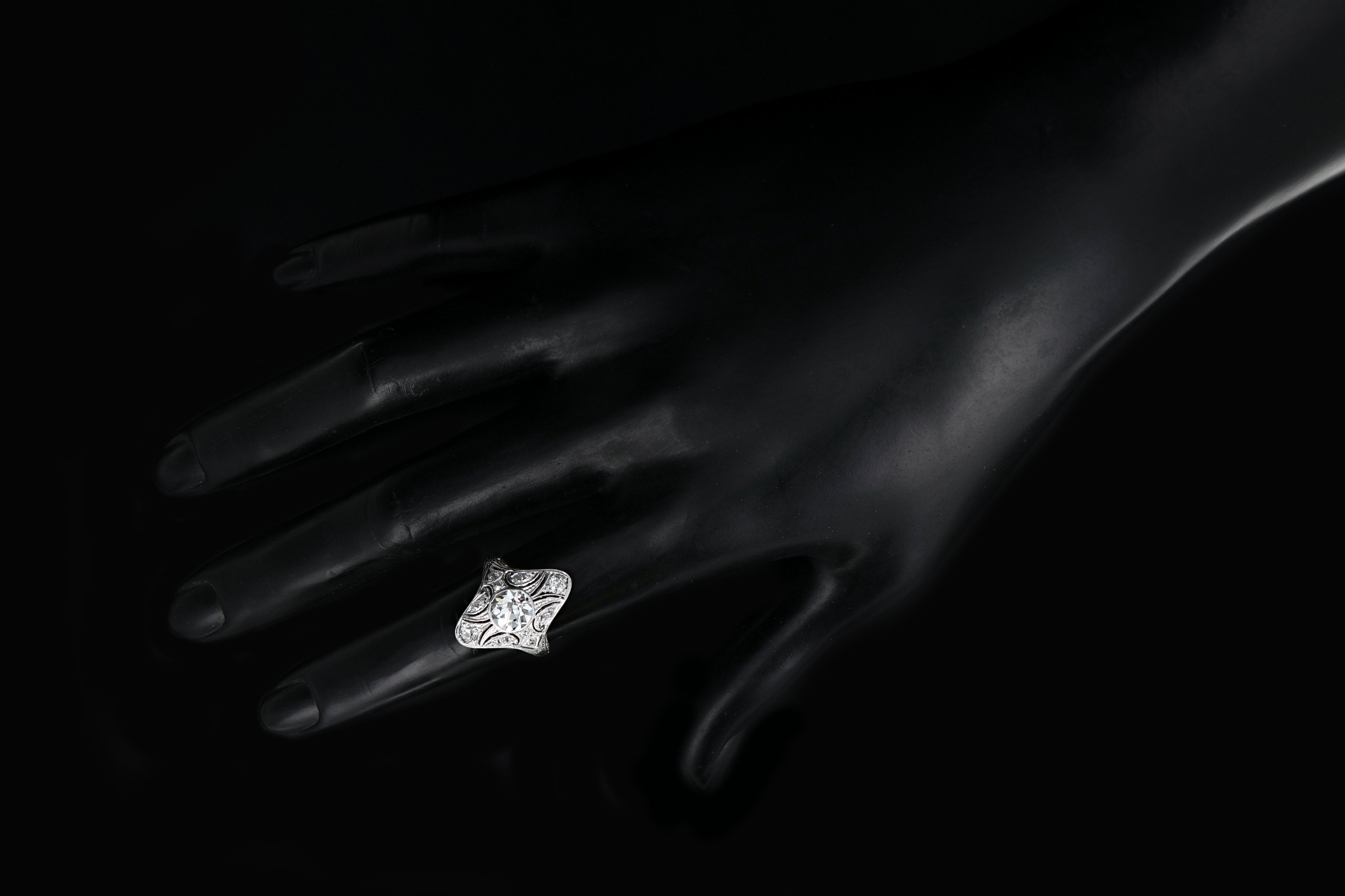 Art Deco 18K White Gold 1.15 Carat Old European Cut Diamond Shield Ring GIA Certified - Queen May