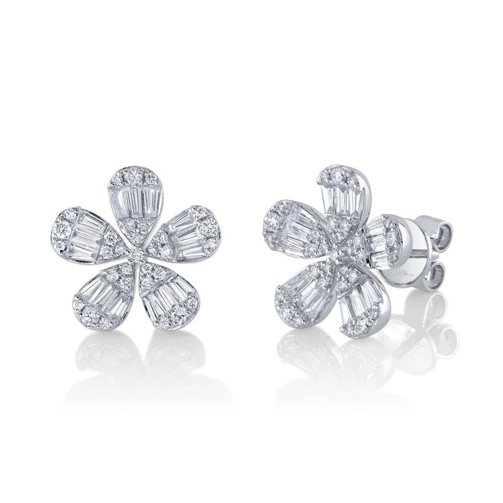 14K White Gold 1 Carat Total Weight Diamond Baguette Flower Stud Earrings - Queen May