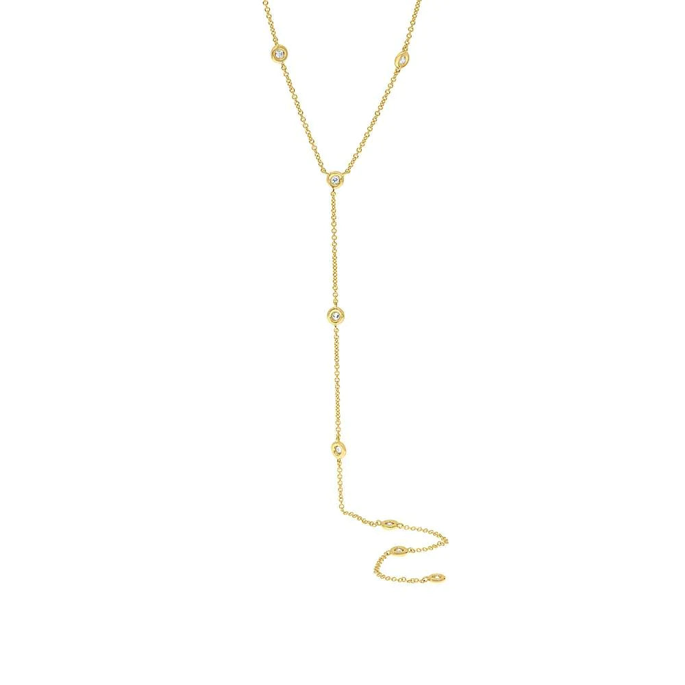 14K Yellow Gold 0.35 Carat Total Weight Round Diamond Bezel Station Lariat Necklace - Queen May