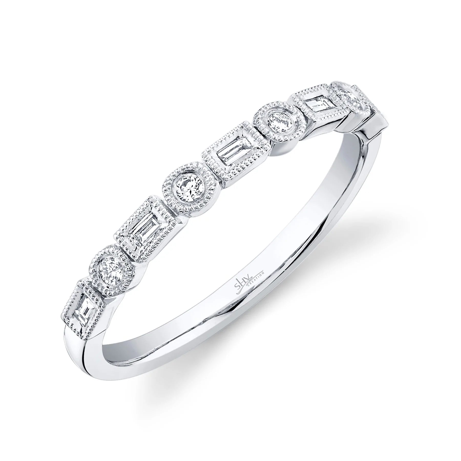 14K Gold 0.14 Carat Diamond Round & Baguette Milgrain Band - Queen May