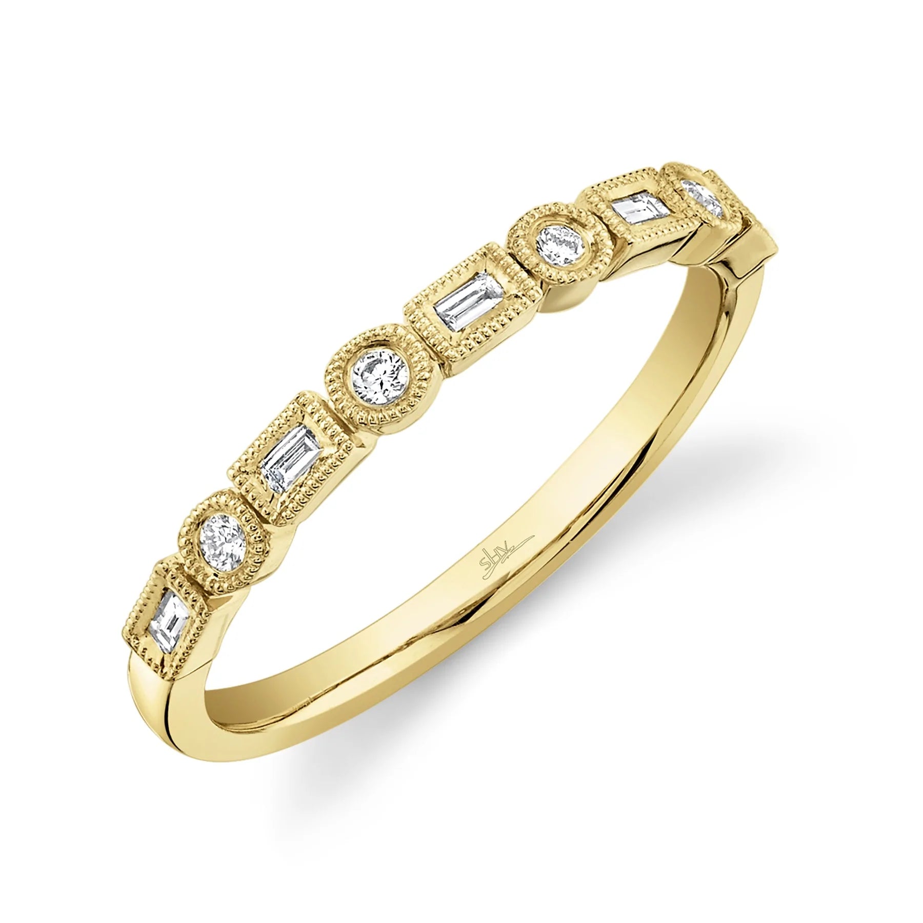 14K Gold 0.14 Carat Diamond Round & Baguette Milgrain Band - Queen May