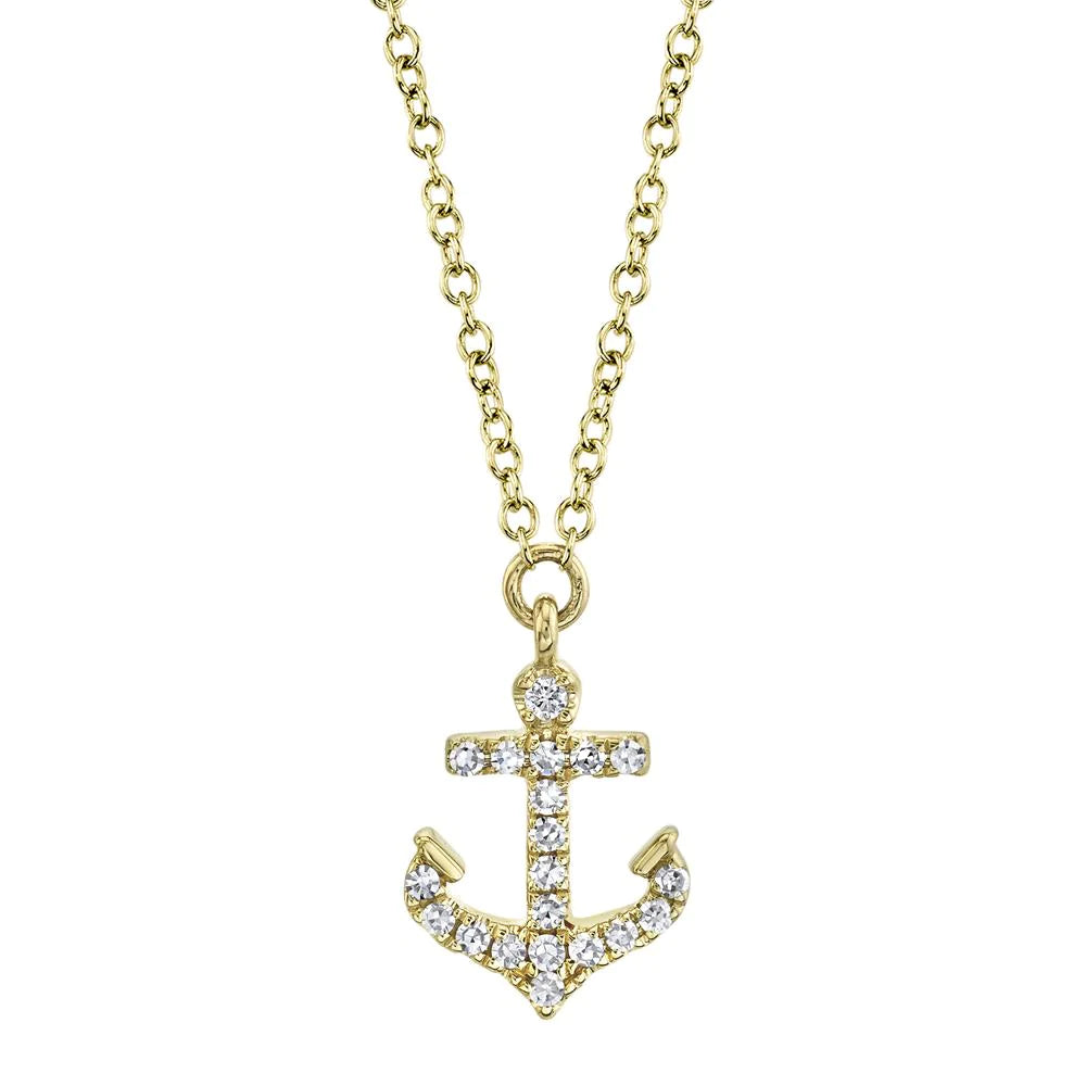 14K Yellow Gold 0.07 Carat Total Weight Diamond Mini Anchor Pendant Necklace - Queen May