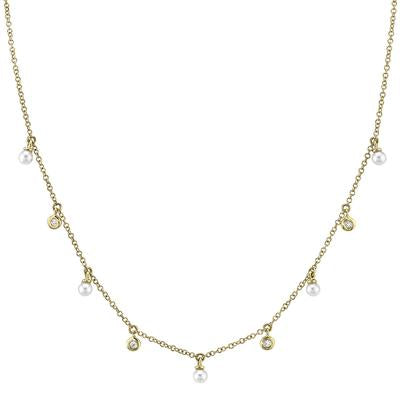 New 14K Gold Diamond & Freshwater Pearl Station Necklace - Queen May