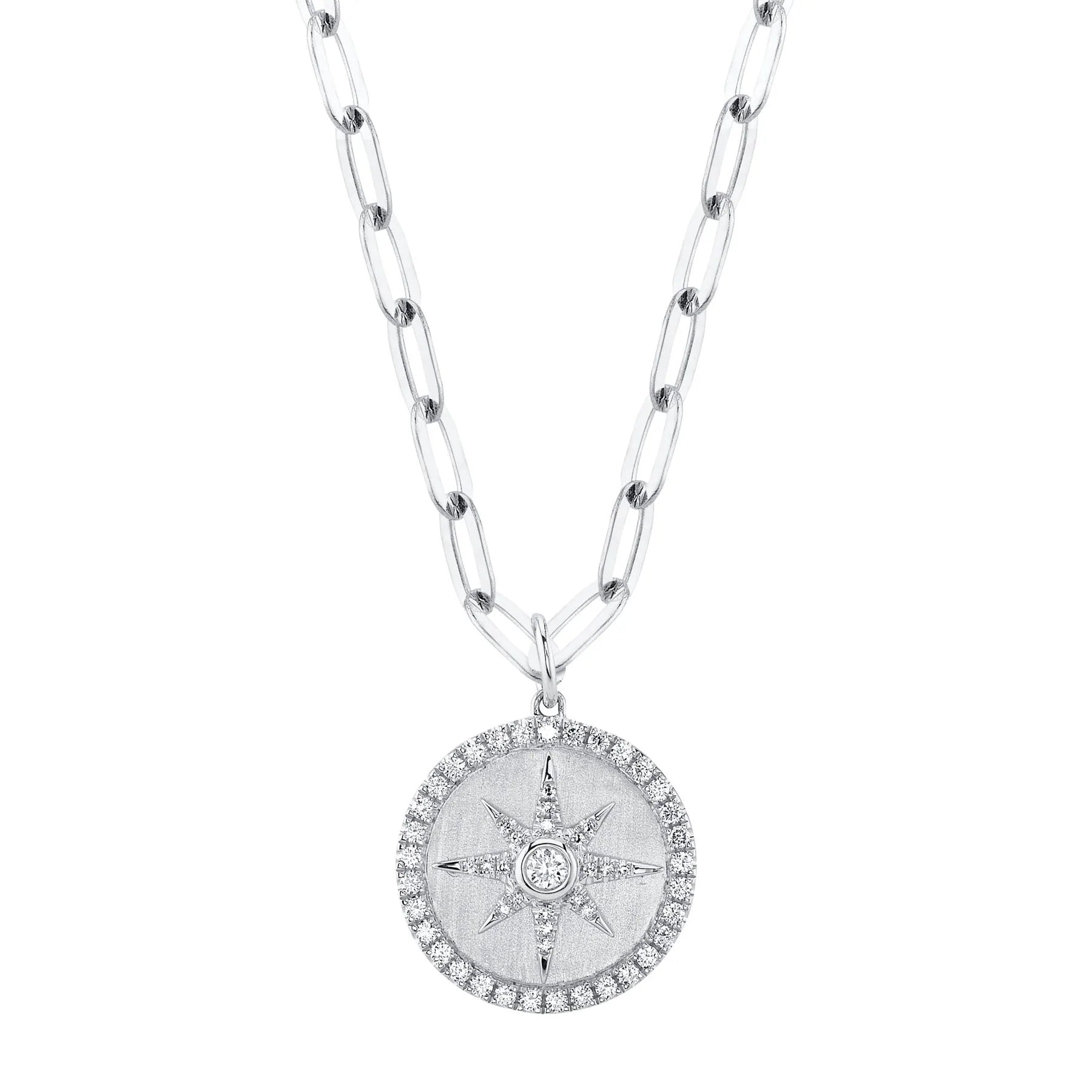 14K Gold Diamond Star Medallion Paperclip Link Pendant Necklace - Queen May