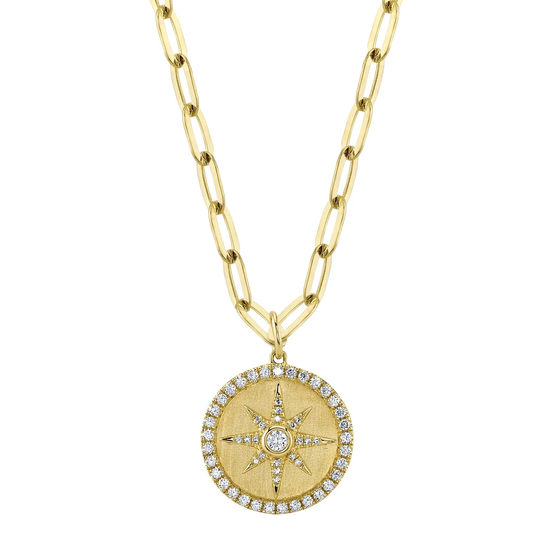 14K Gold Diamond Star Medallion Paperclip Link Pendant Necklace - Queen May