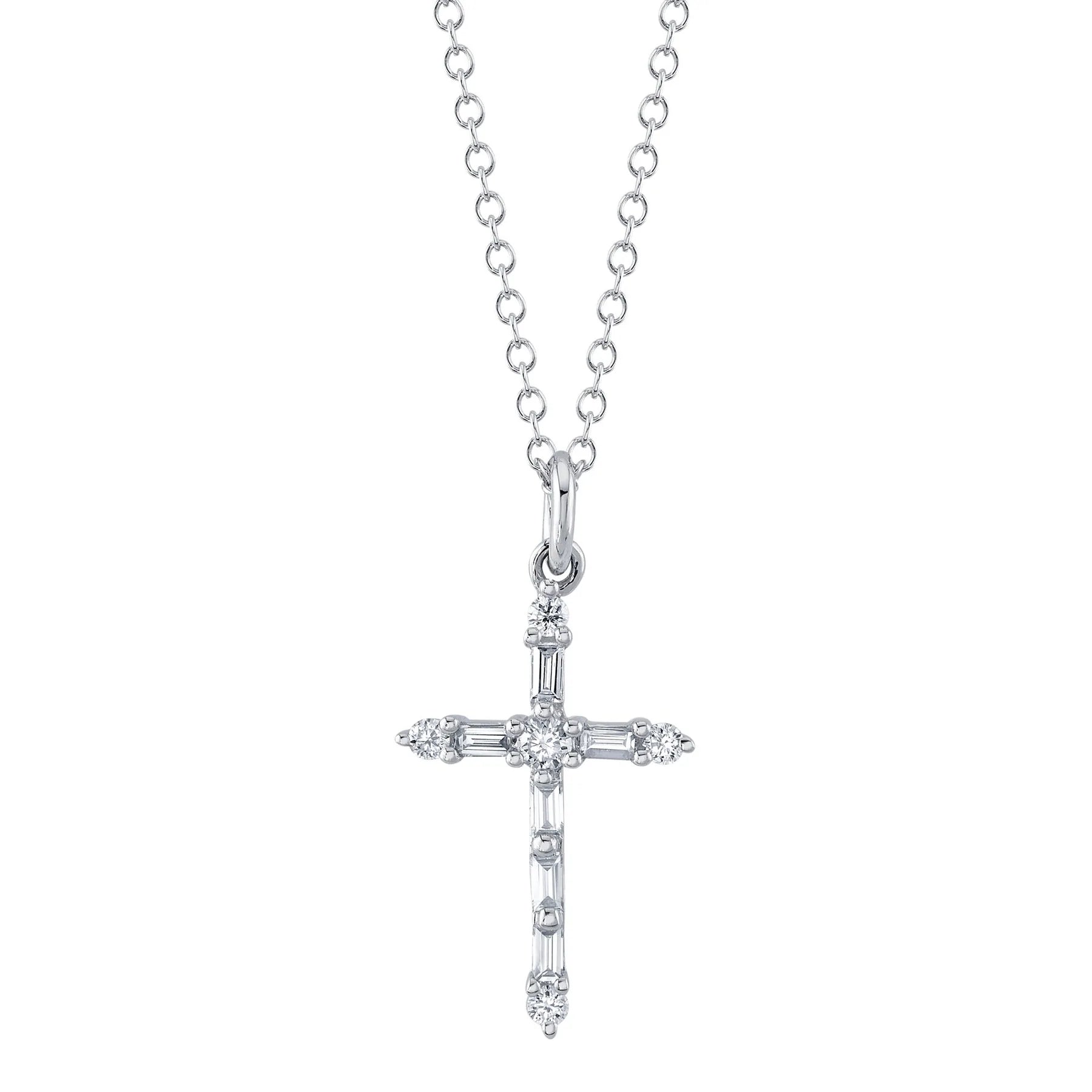 14K White or Yellow Gold 0.15 Carat Total Weight Diamond Baguette Cross Pendant Necklace - Queen May