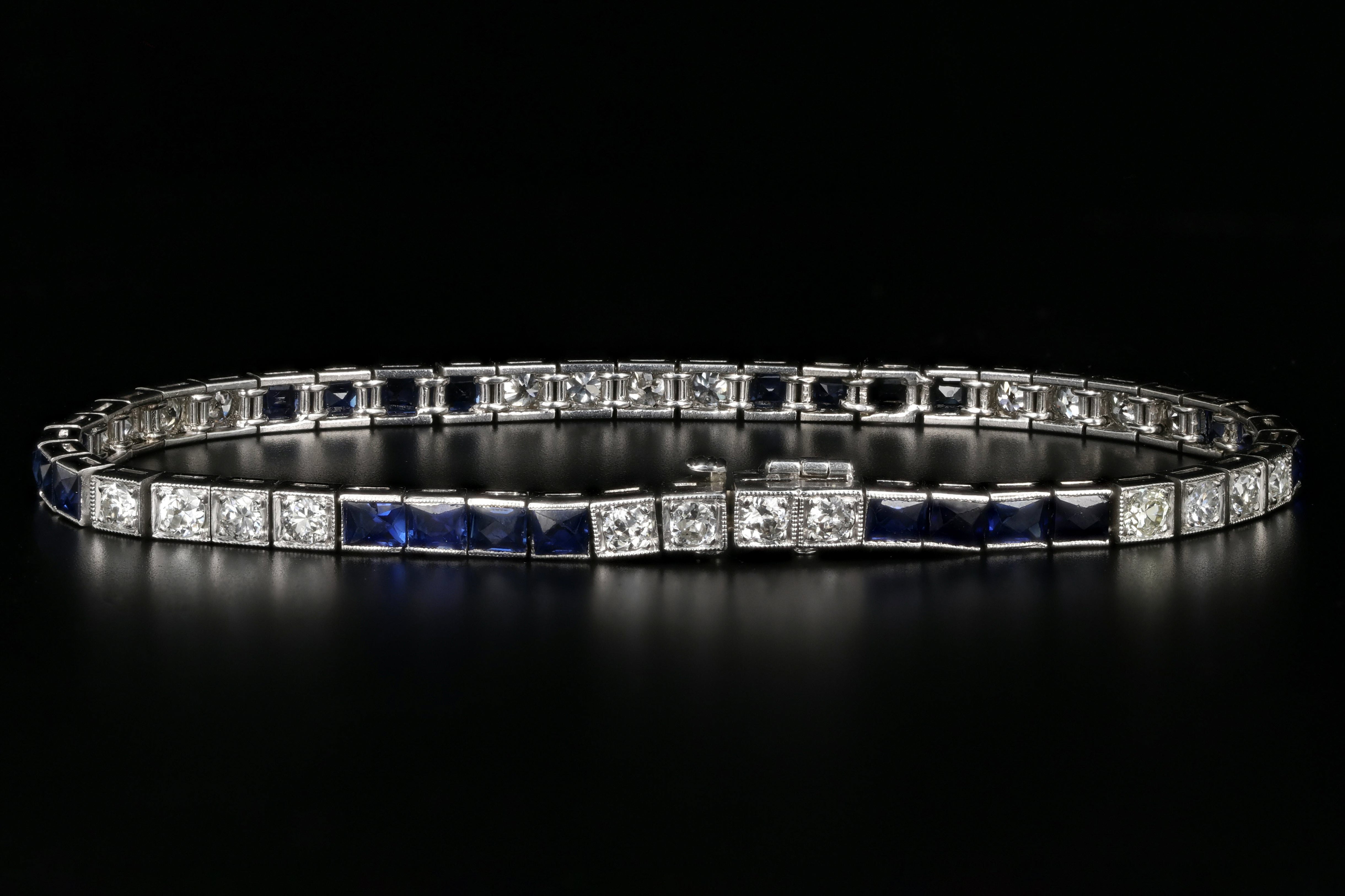 Art Deco Platinum 3.5 Carat French Cut Sapphire & Diamond Tennis Bracelet - Queen May