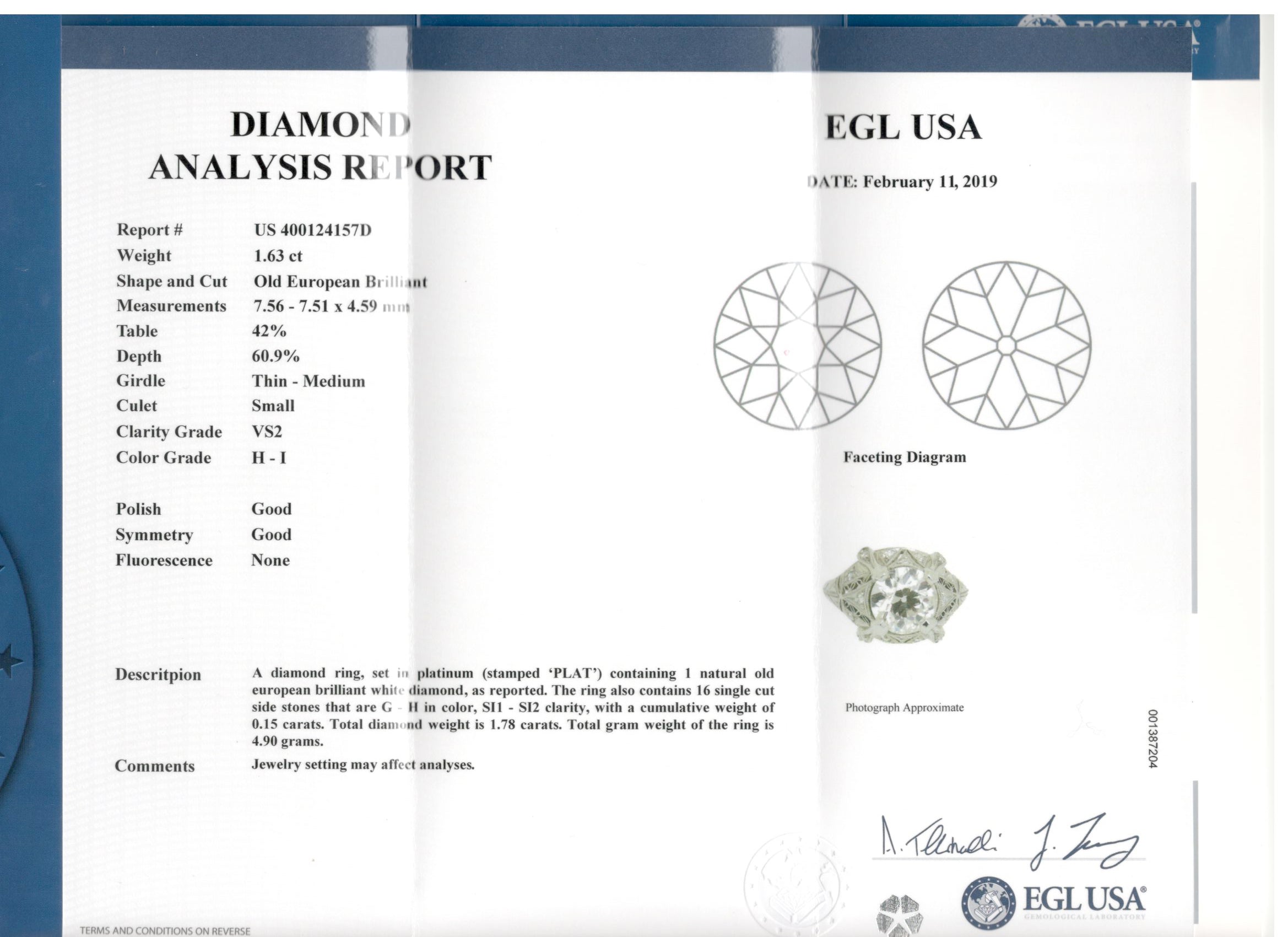 Art Deco Platinum 1.63 Ct Old European Cut EGL Certified Diamond Engagement Ring - Queen May