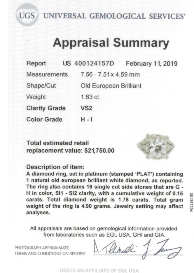 Art Deco Platinum 1.63 Ct Old European Cut EGL Certified Diamond Engagement Ring - Queen May