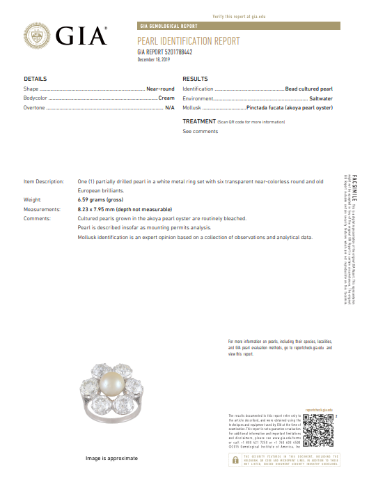 Edwardian 14K White Gold Akoya Cultured Pearl and Diamond Halo Ring GIA Certified - Queen May