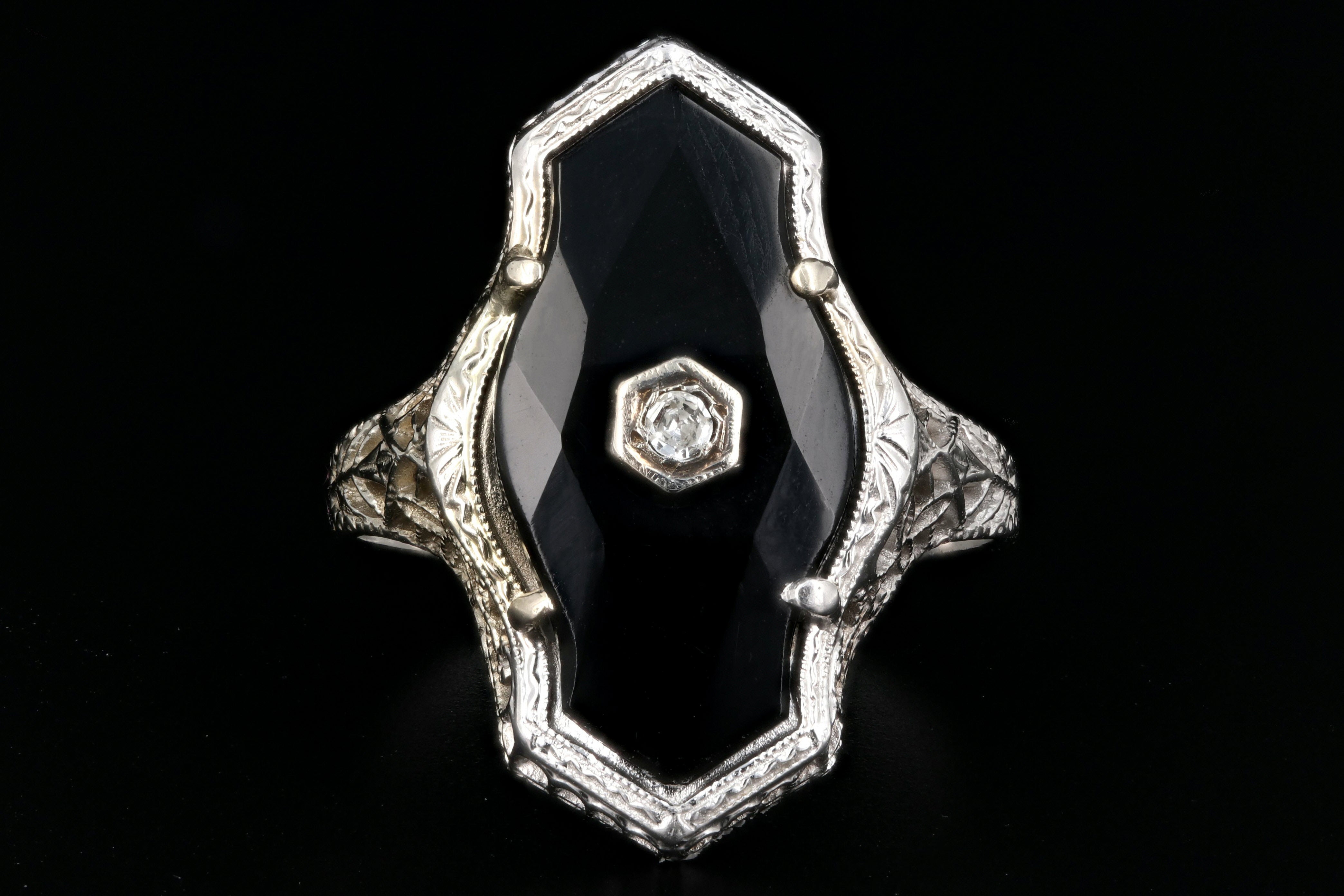 Art Deco 14K White Gold Onyx & Diamond Filigree Ring c.1920's - Queen May