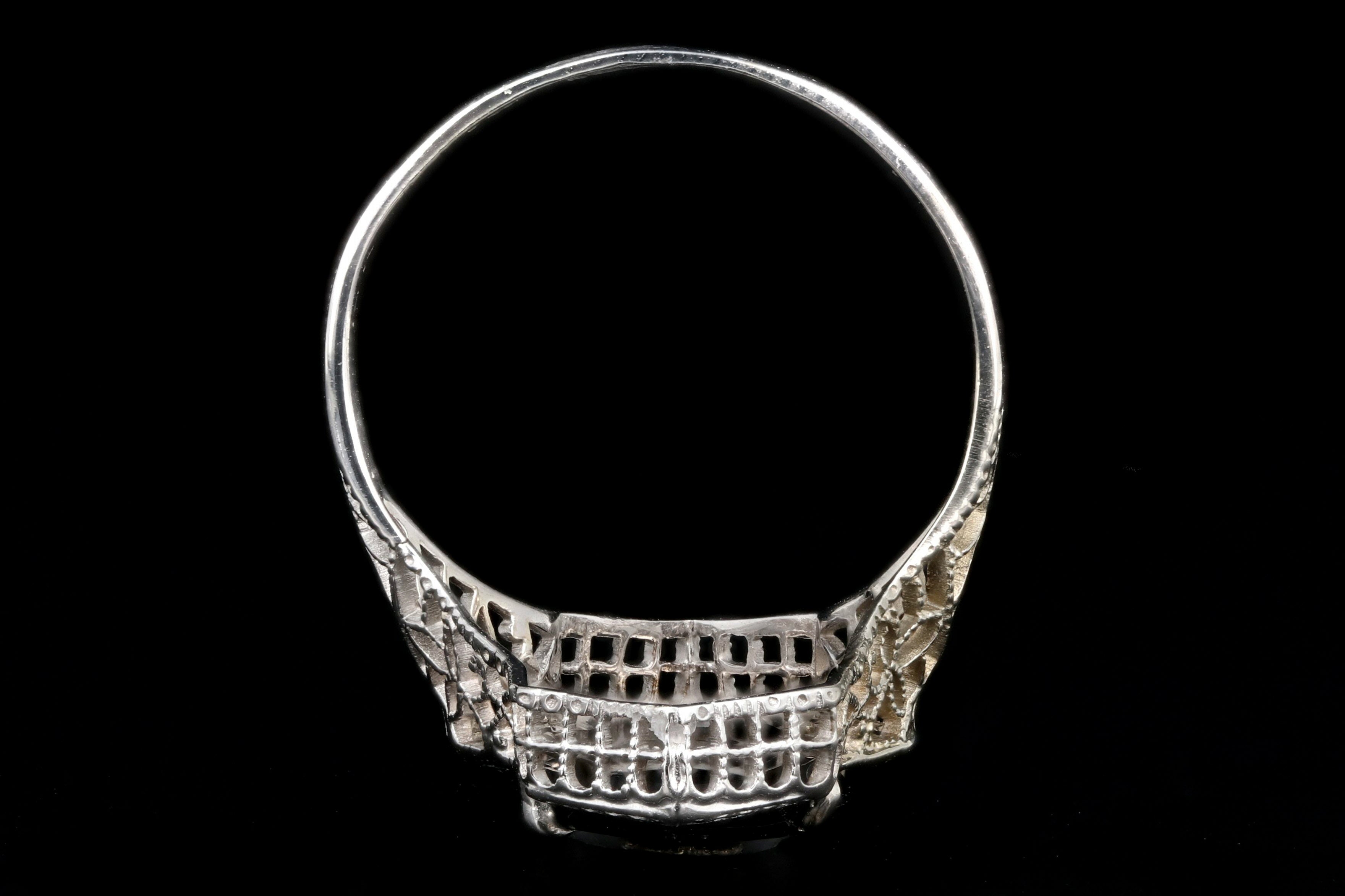 Art Deco 14K White Gold Onyx & Diamond Filigree Ring c.1920's - Queen May