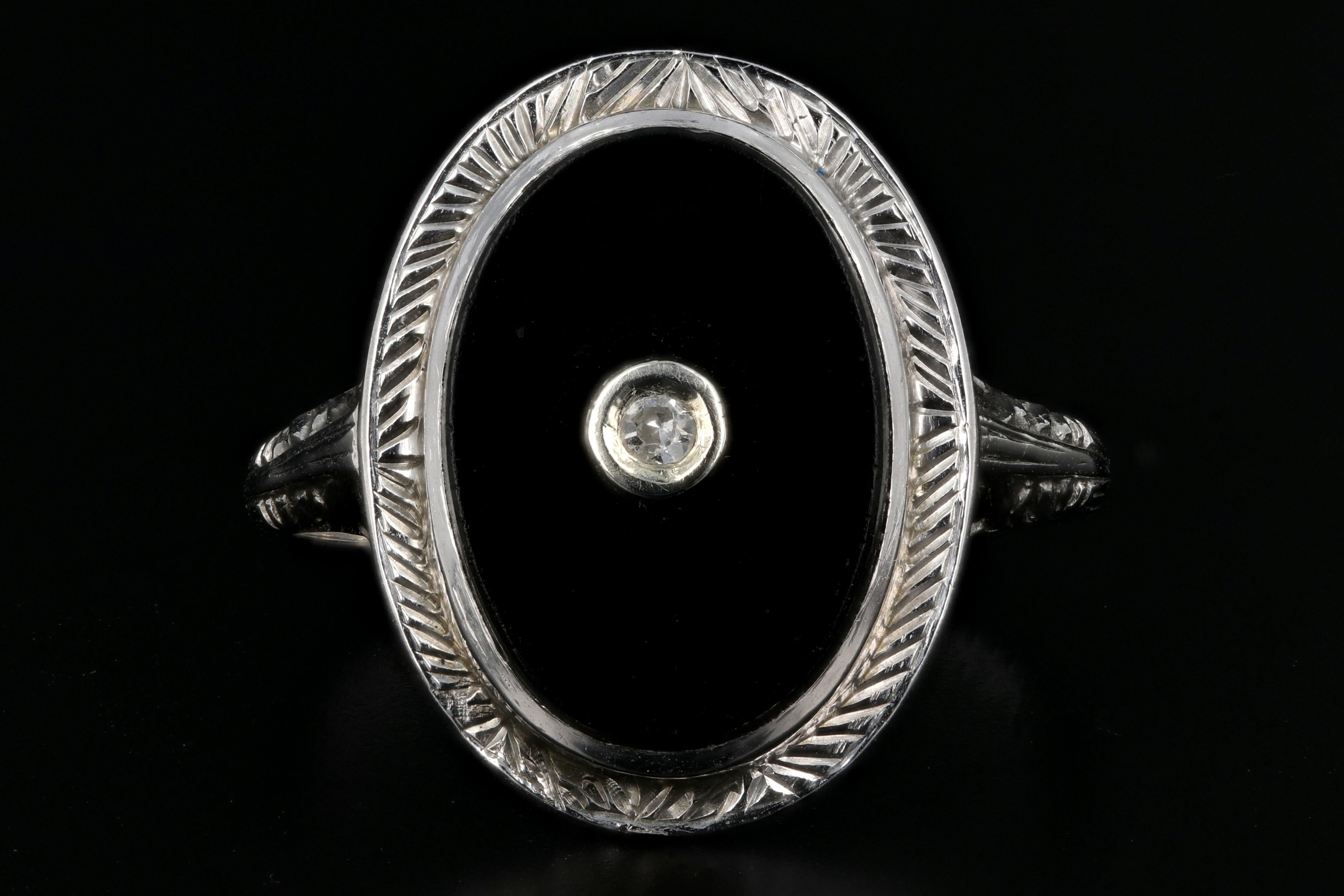 Art Deco 14K White Gold Onyx and Diamond Ring - Queen May