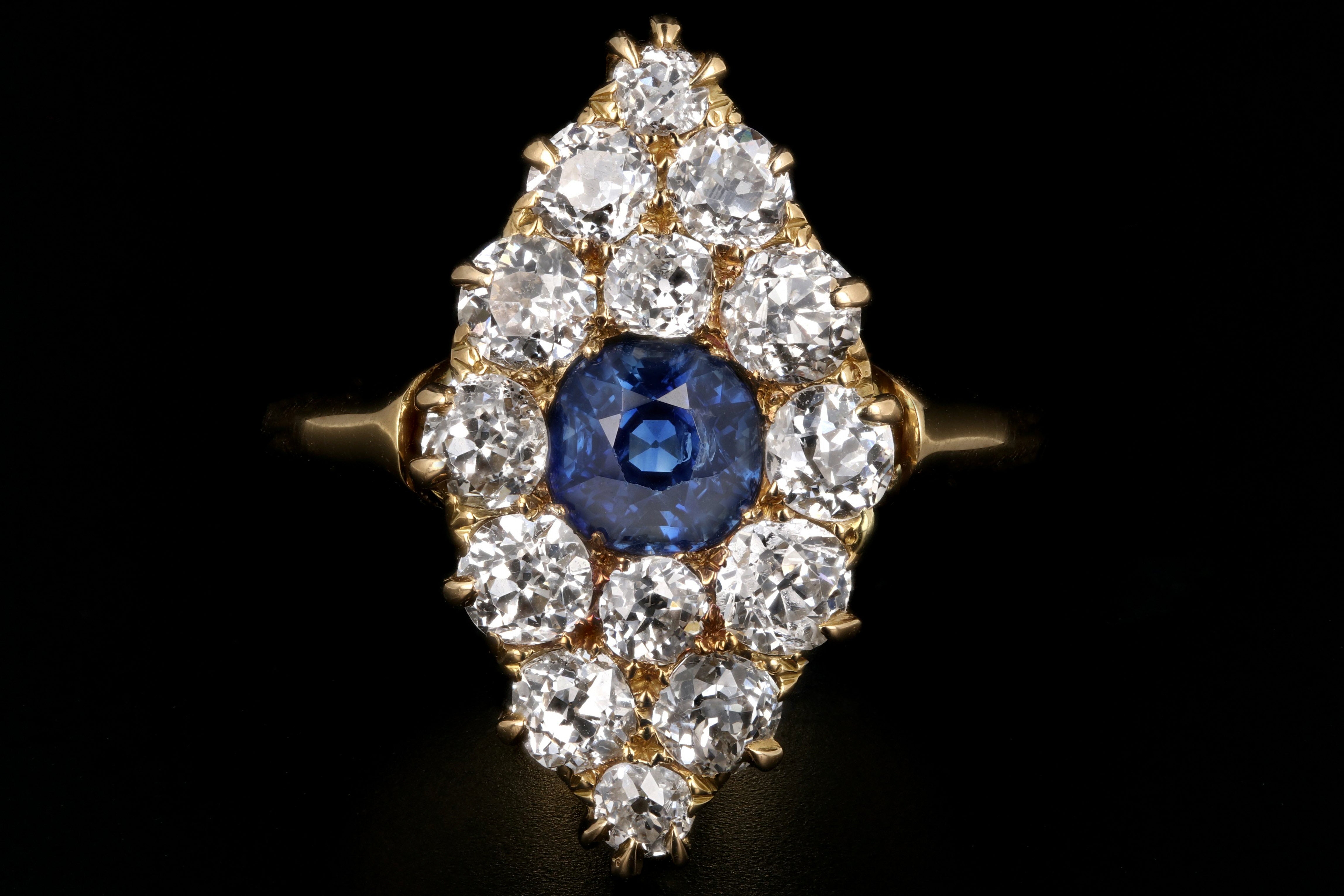 Victorian 18K Yellow Gold 1 Carat Natural No Heat Sapphire and Diamond Navette Ring - Queen May
