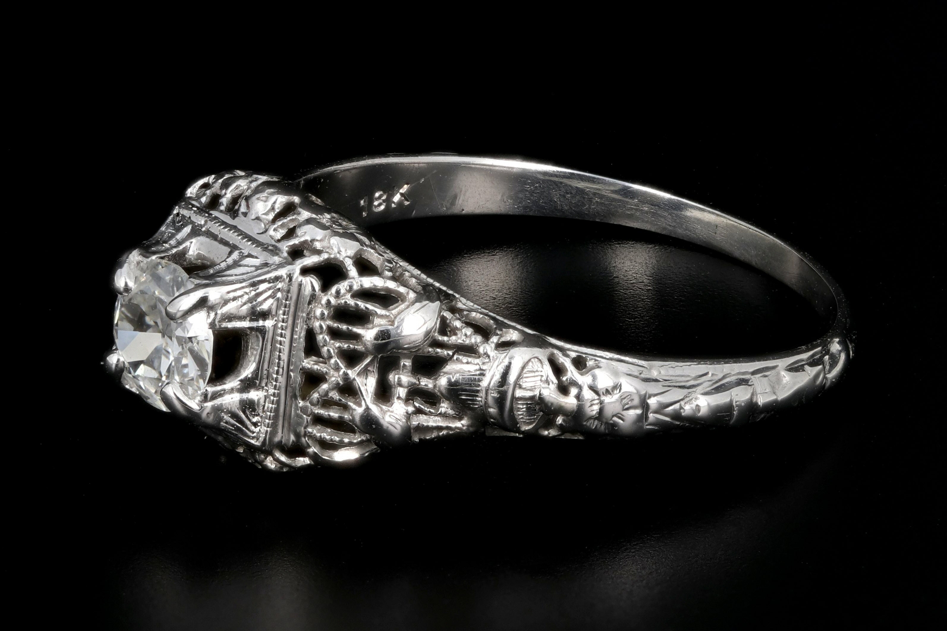 Art Deco 18K White Gold .36 Carat Diamond Engagement Ring - Queen May
