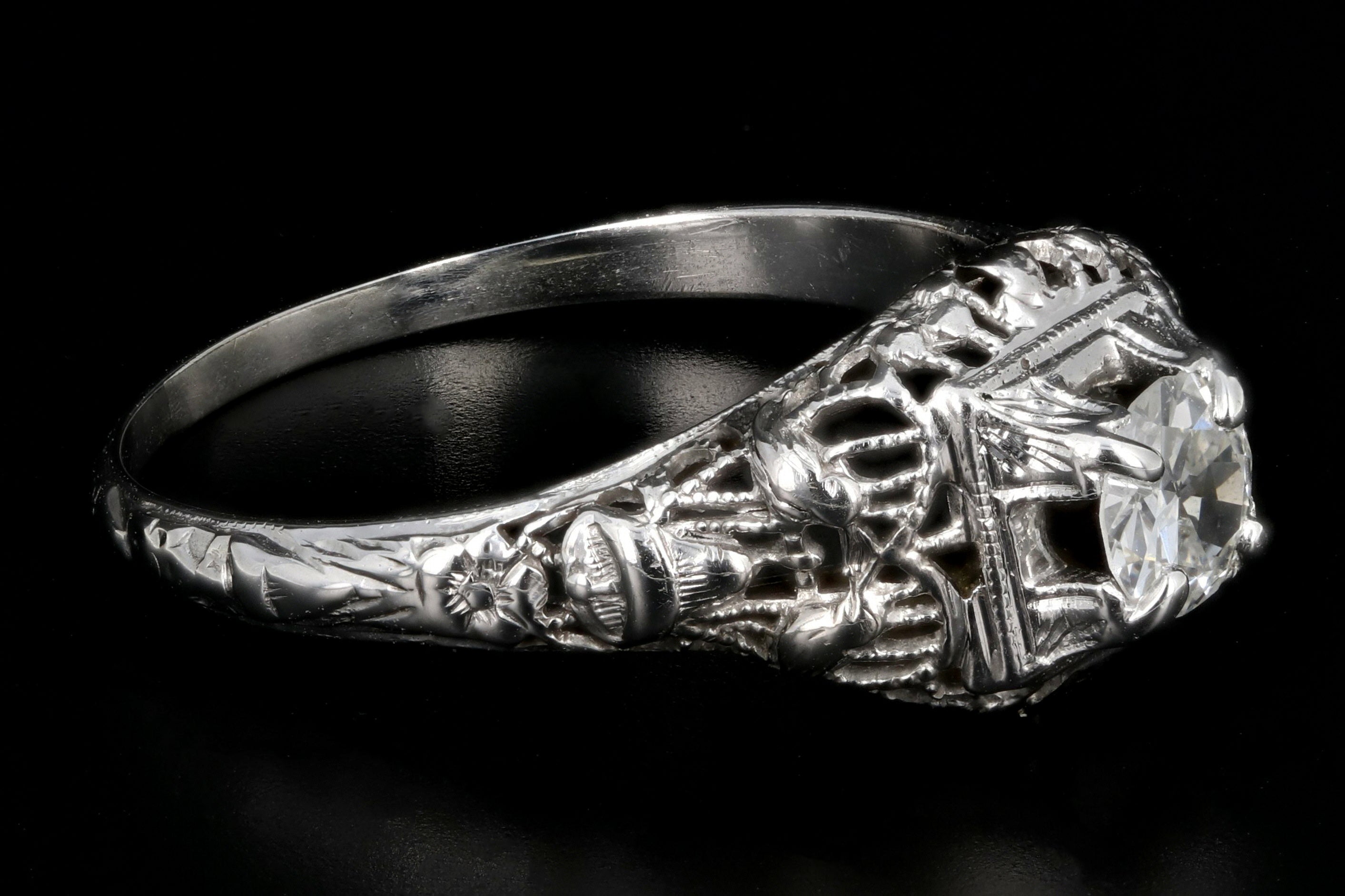 Art Deco 18K White Gold .36 Carat Diamond Engagement Ring - Queen May