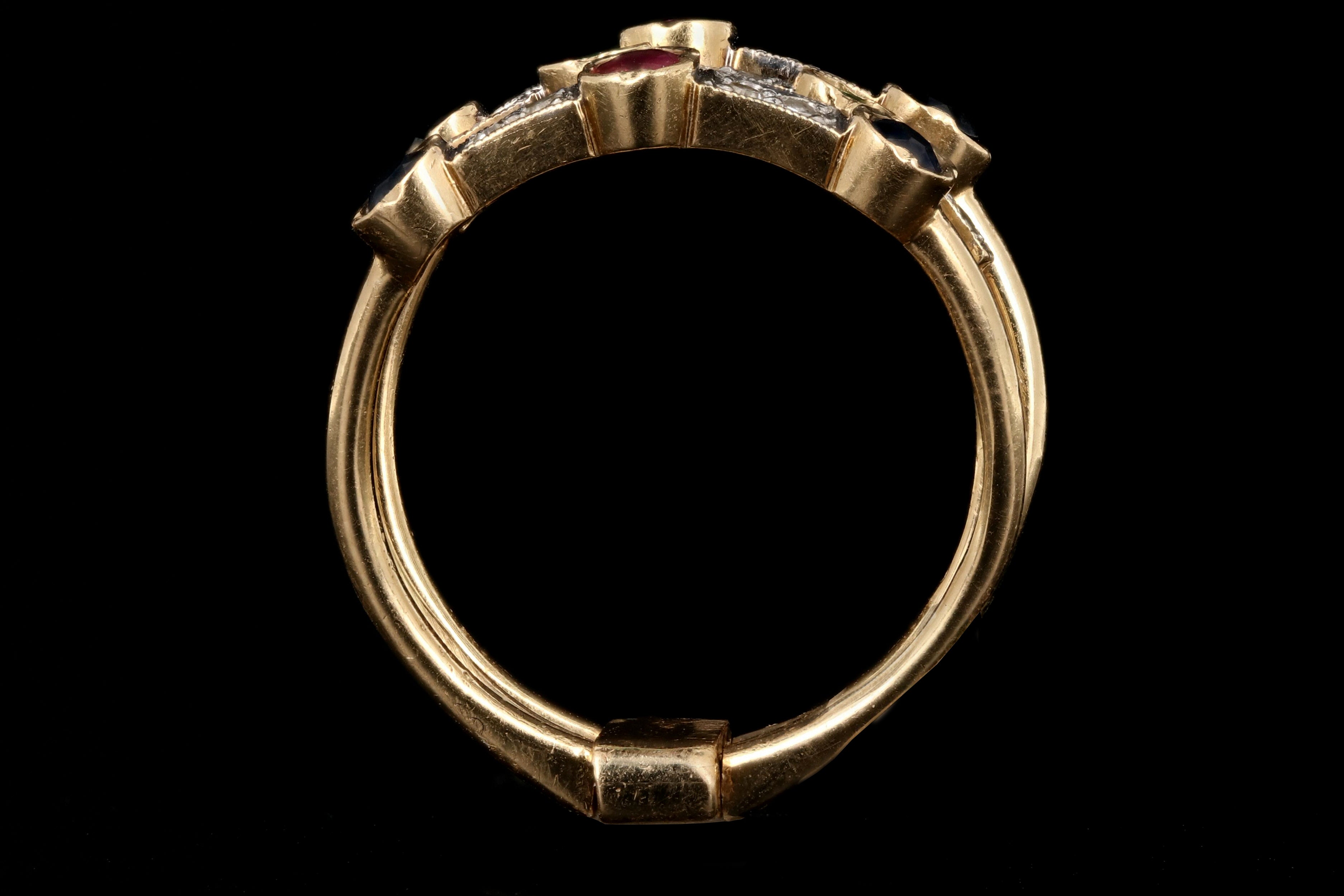 Victorian Revival 14K Yellow Gold Diamond Ruby Emerald Sapphire Harem Ring - Queen May