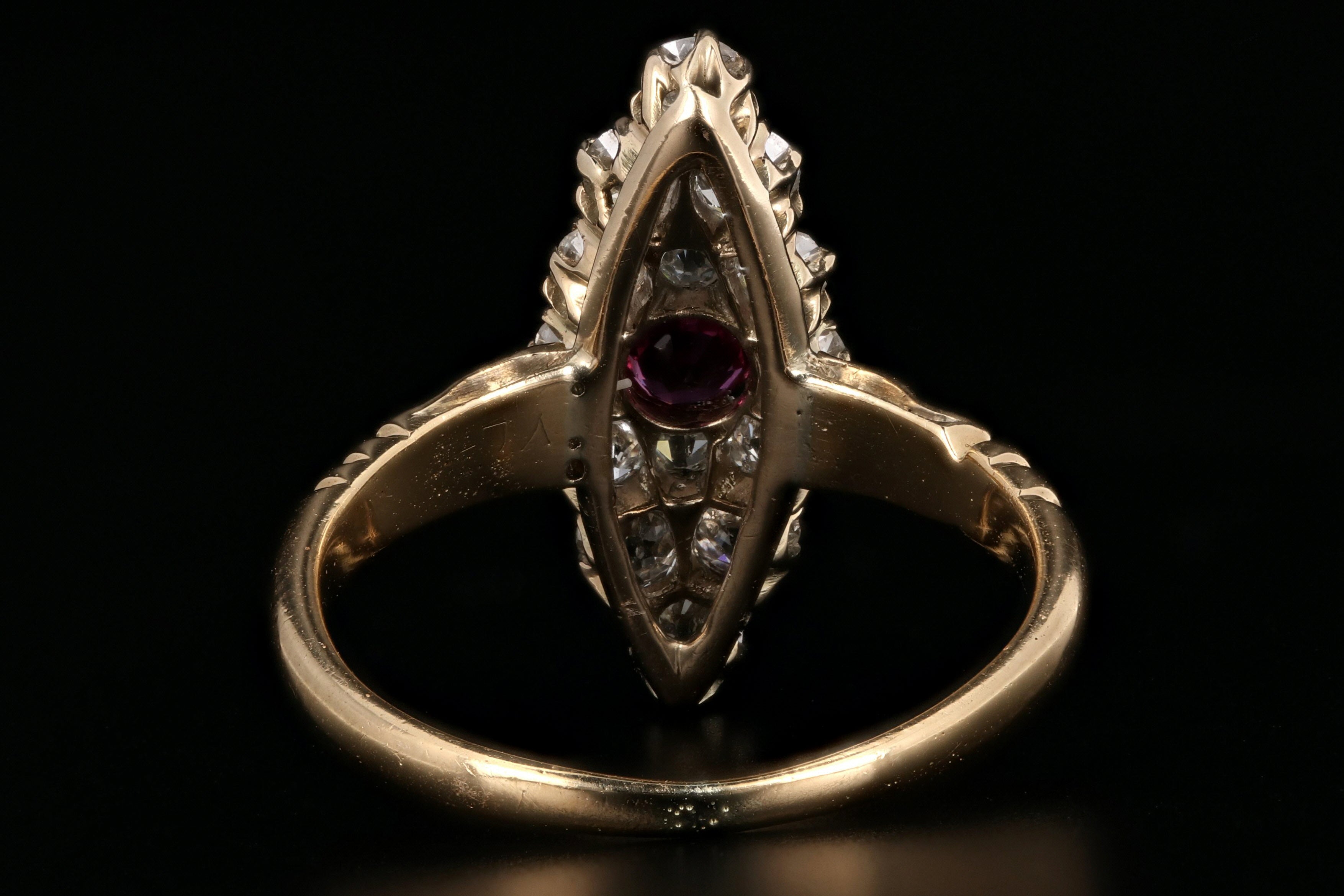 Victorian 18K Yellow Gold Ruby And Diamond Navette Ring - Queen May