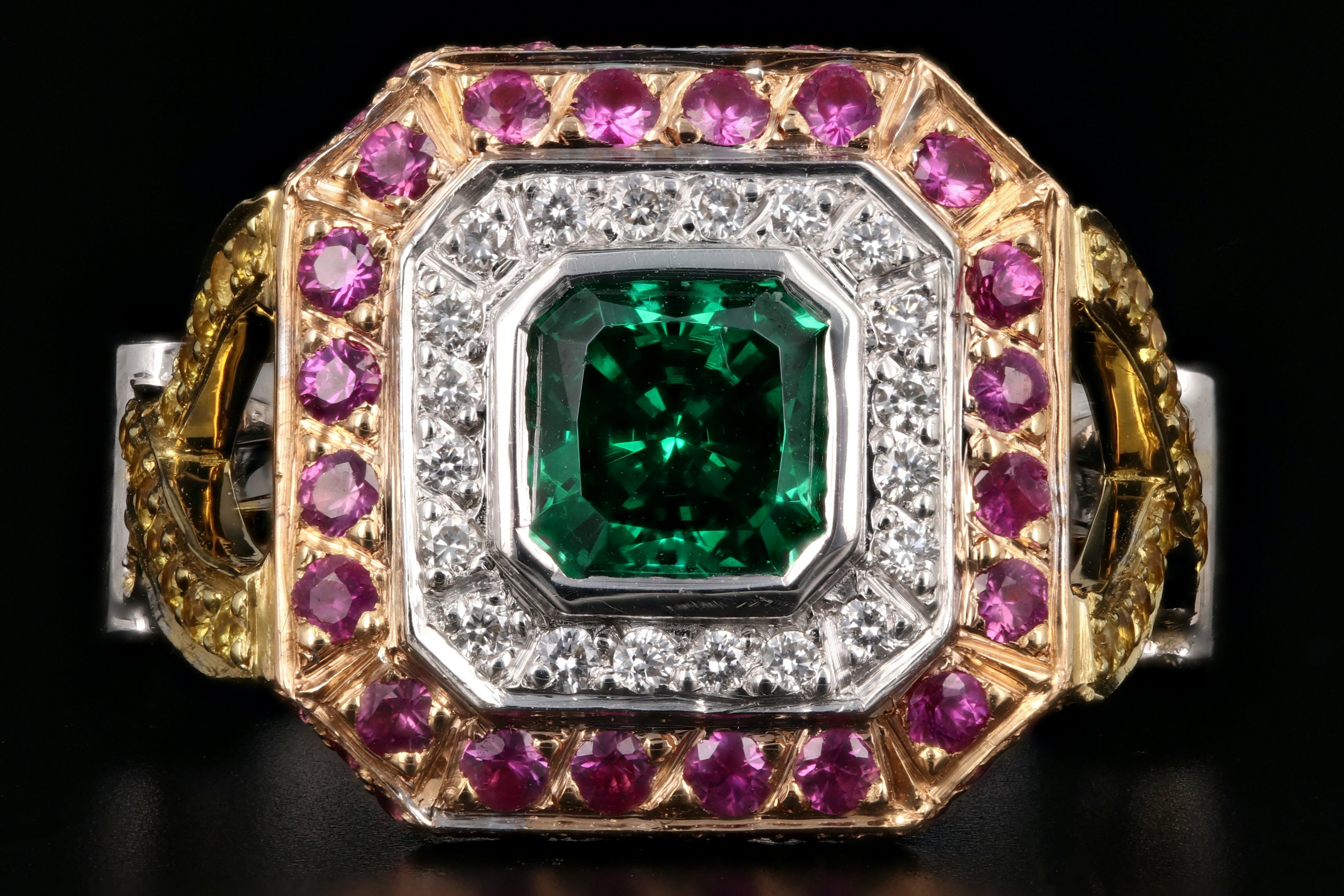 Modern 18k 2.2CT Tsavorite Set With Diamonds, Yellow and Pink Sapphires Ring - Queen May