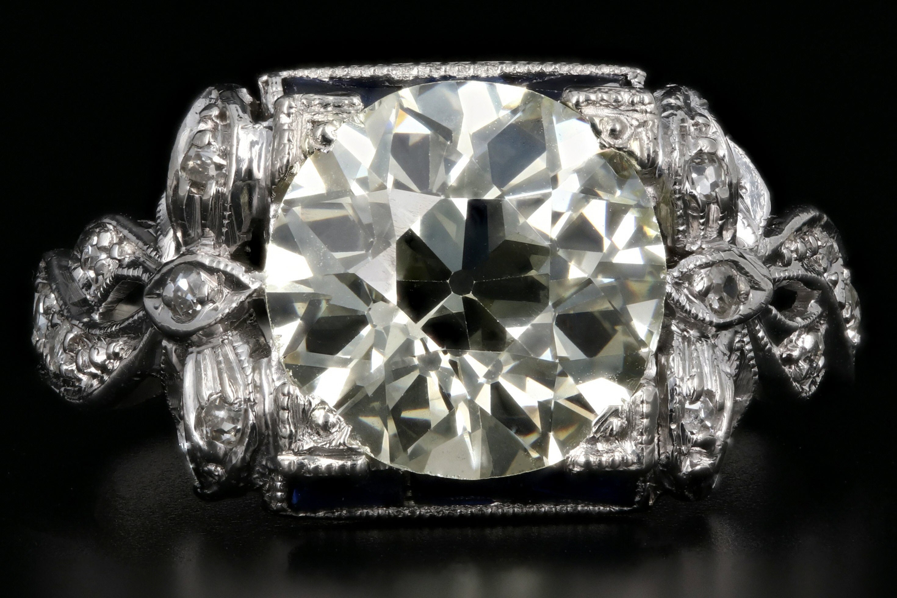 Art Deco Platinum 2.78CT Old European Cut Diamond and Sapphire Ribbon Engagement Ring GIA Certified - Queen May