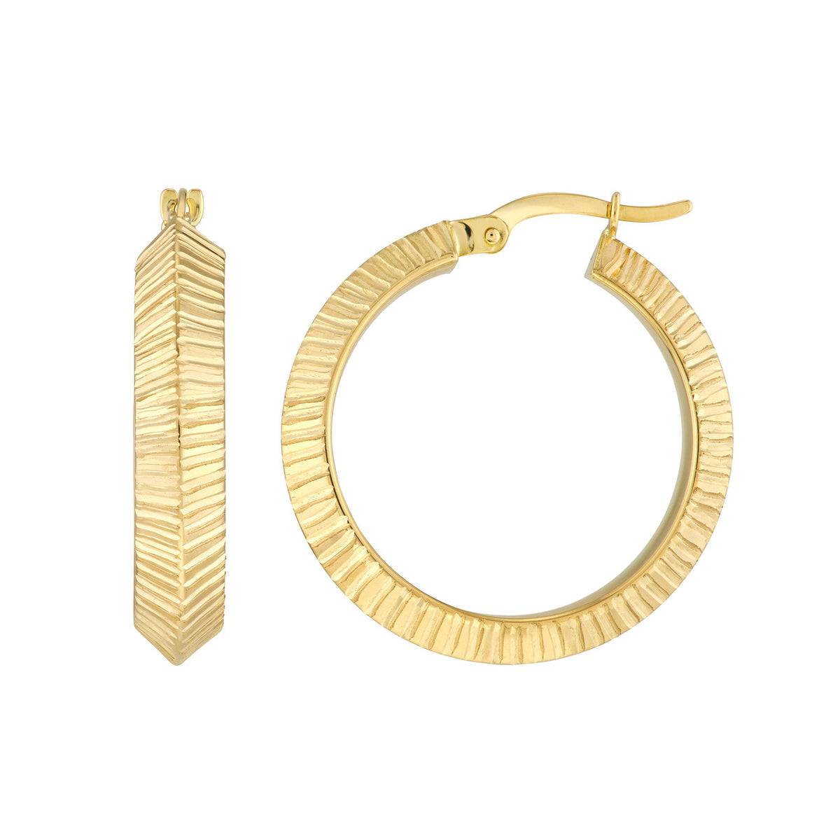 14K Yellow Gold 4x20mm Knife Edge Fluted Round Hoop Earrings - Queen May