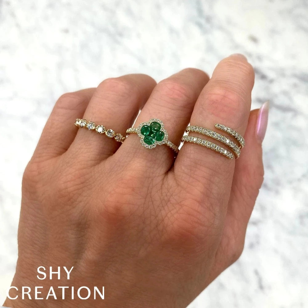 14K Yellow Gold Emerald Diamond Clover Ring - Queen May