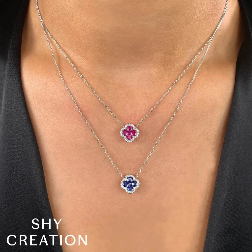 14K Gold Sapphire Diamond Clover Pendant Necklace - Queen May