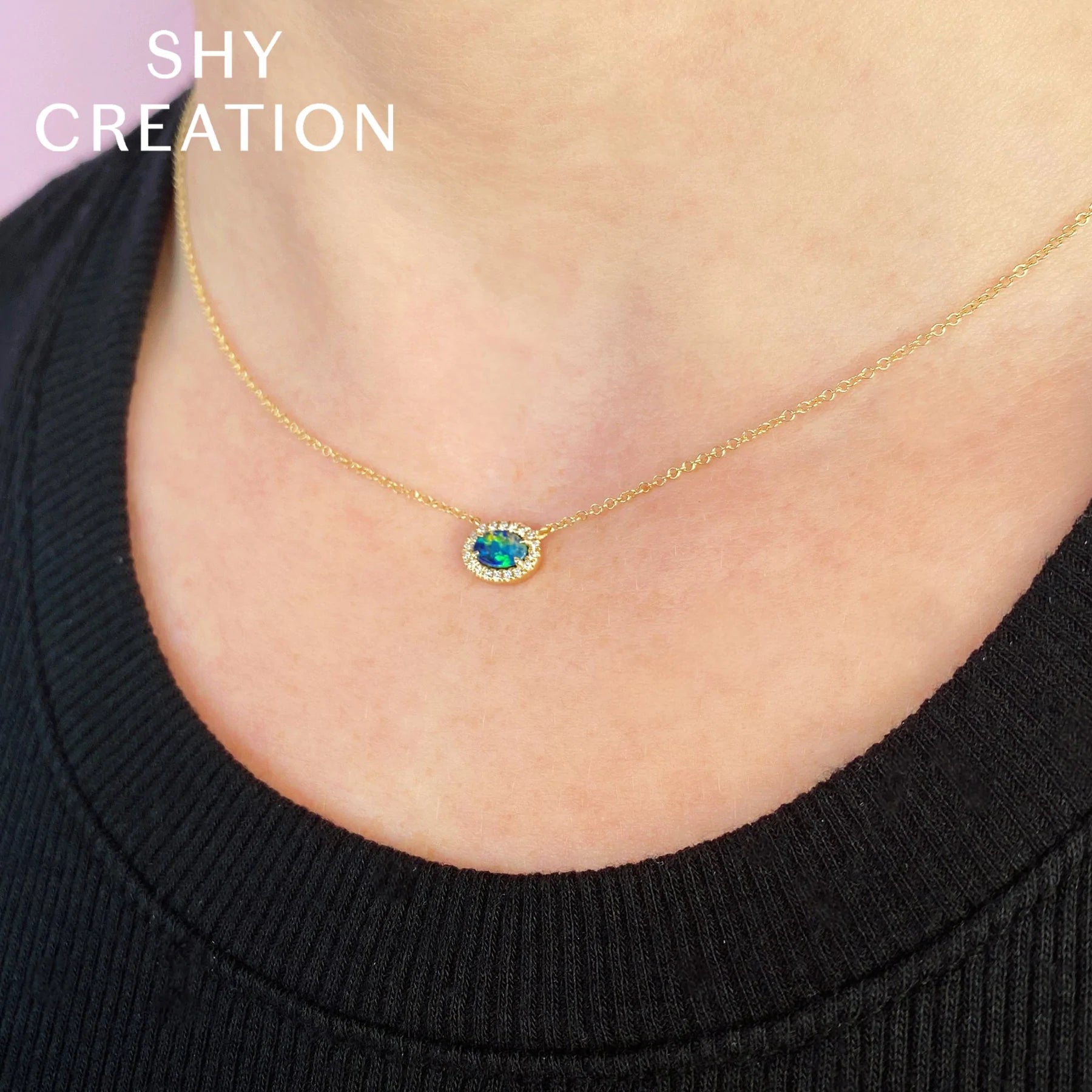 14K Gold 0.33 Carat Opal & Diamond Halo Pendant Necklace - Queen May