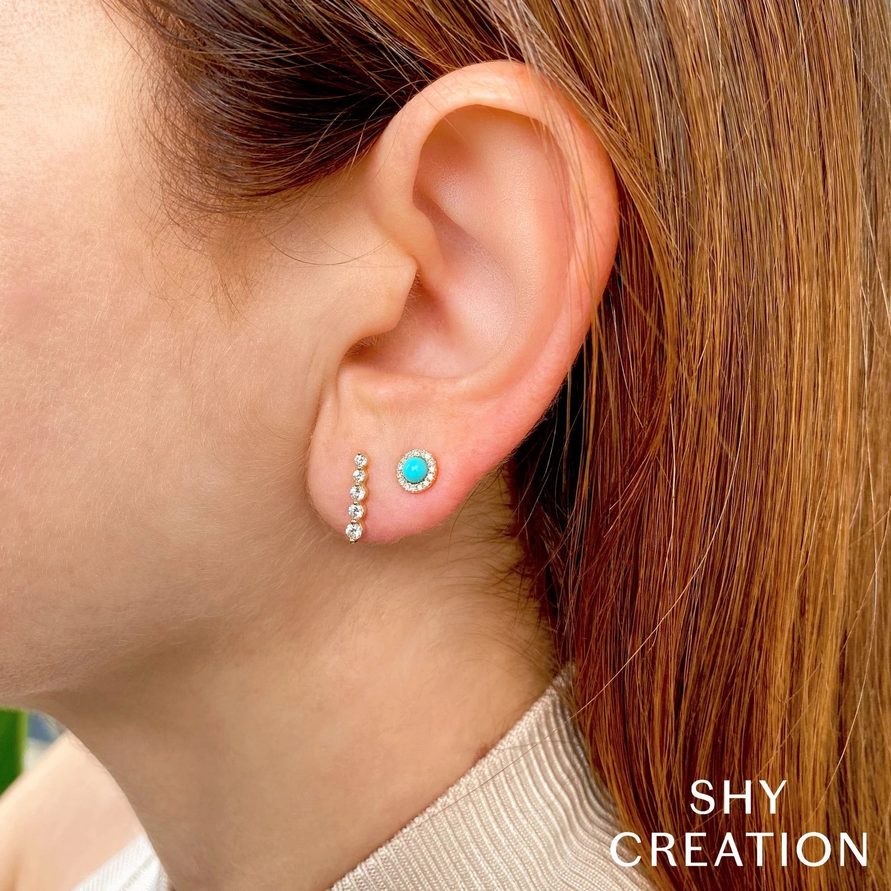 14K White Gold Turquoise & Diamond Halo Stud Earrings - Queen May