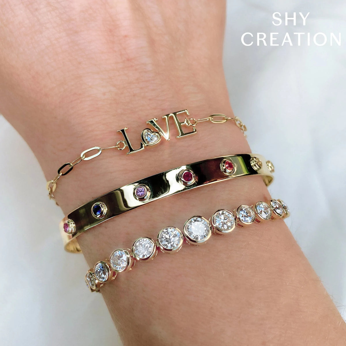 14K Yellow Gold Rainbow Bezel Latch Lock Bangle - Queen May