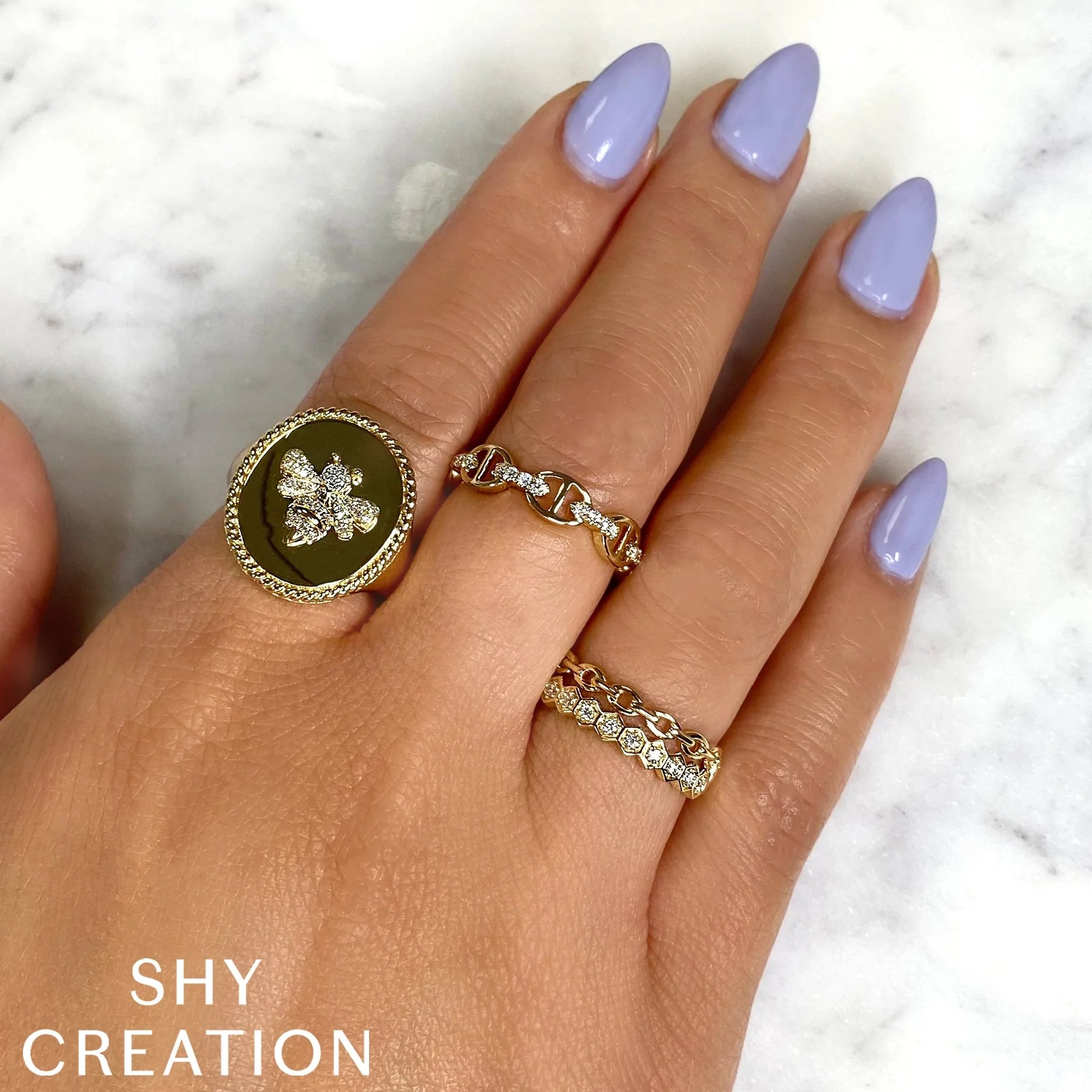 14K Yellow Gold Diamond Bee Signet Ring - Queen May