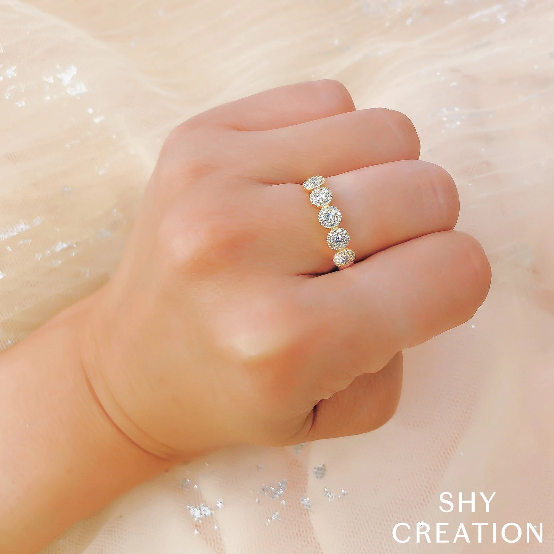 14K White or Yellow Gold 0.40 Carat Total Weight Round Diamond Halo Wedding Band - Queen May