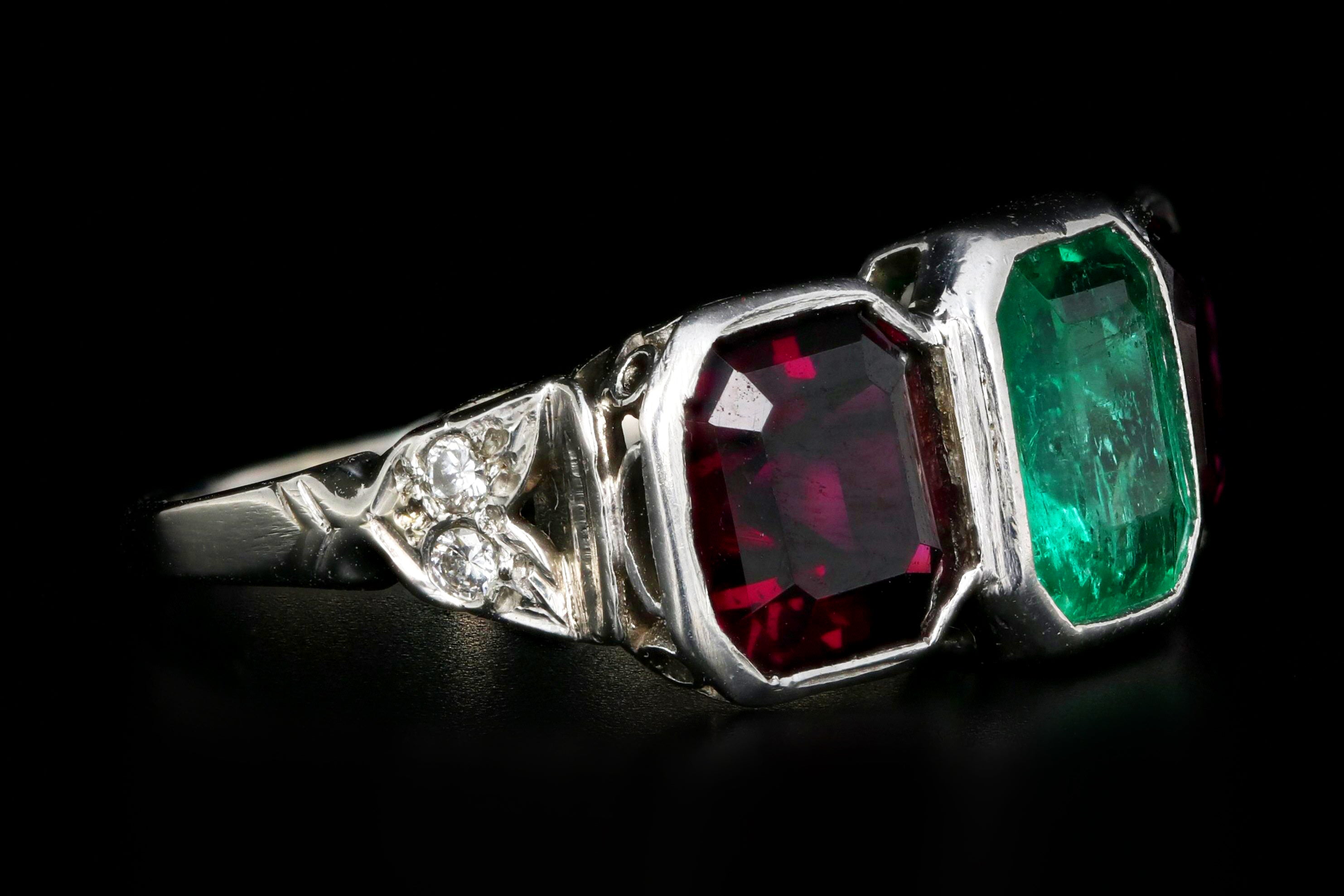 Art Deco Platinum Emerald & Almandine Garnet Ring - Queen May