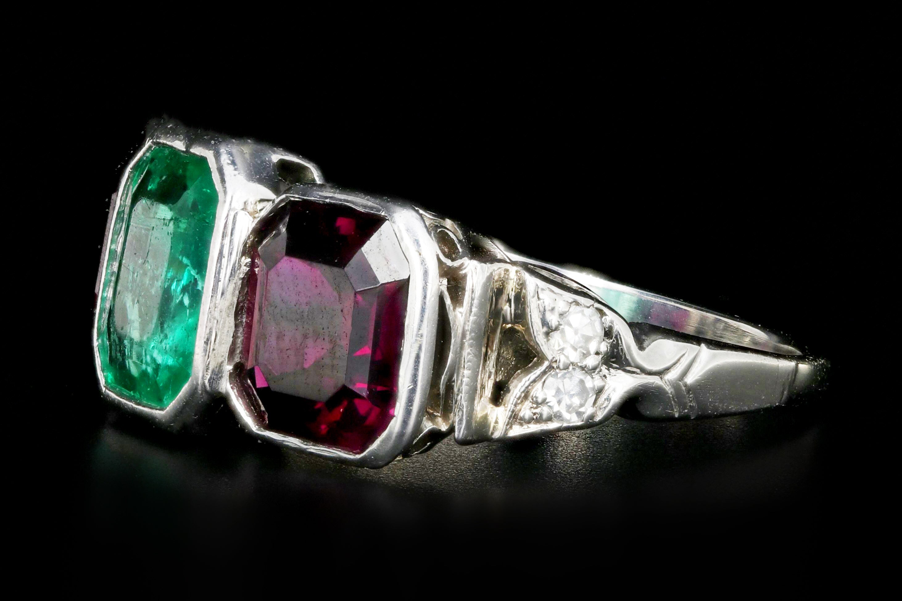 Art Deco Platinum Emerald & Almandine Garnet Ring - Queen May