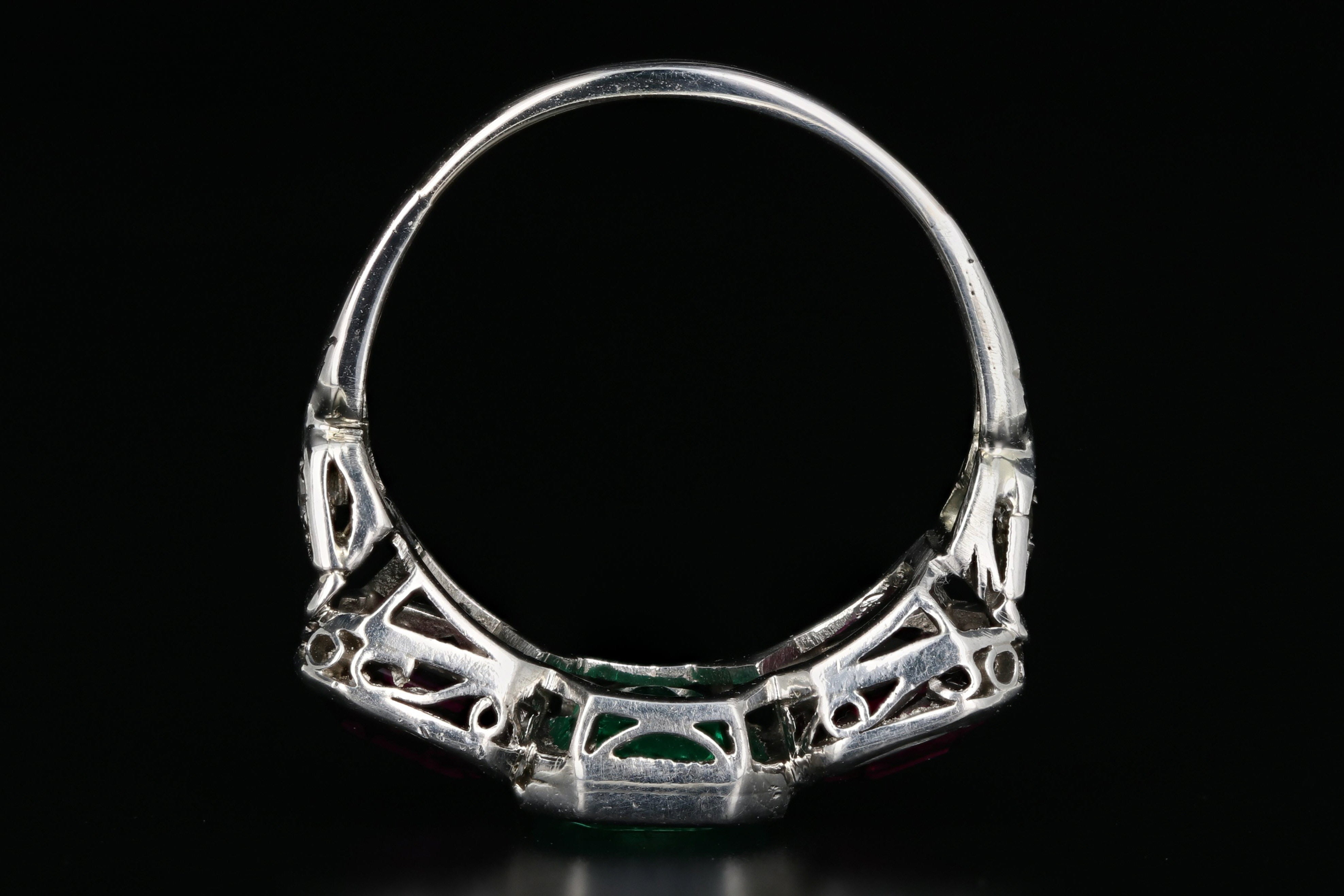 Art Deco Platinum Emerald & Almandine Garnet Ring - Queen May
