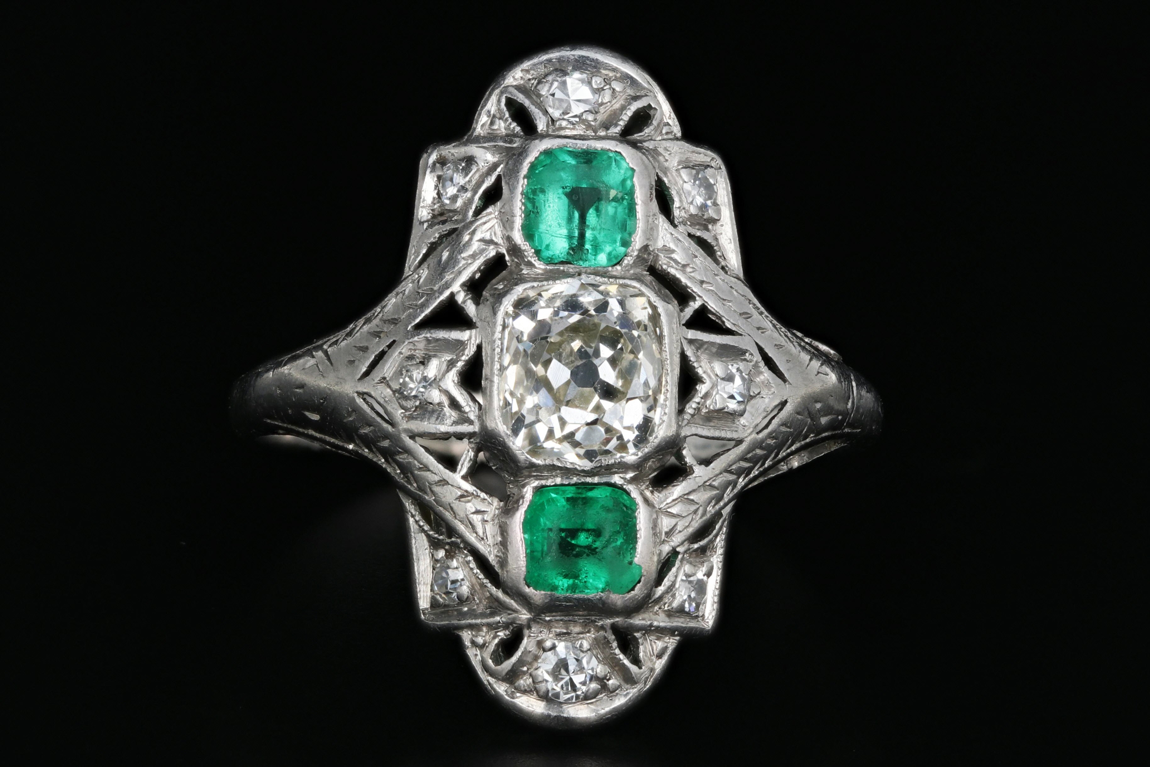 Art Deco Platinum .80 Carat Old Mine Cut Diamond and Emerald Ring - Queen May
