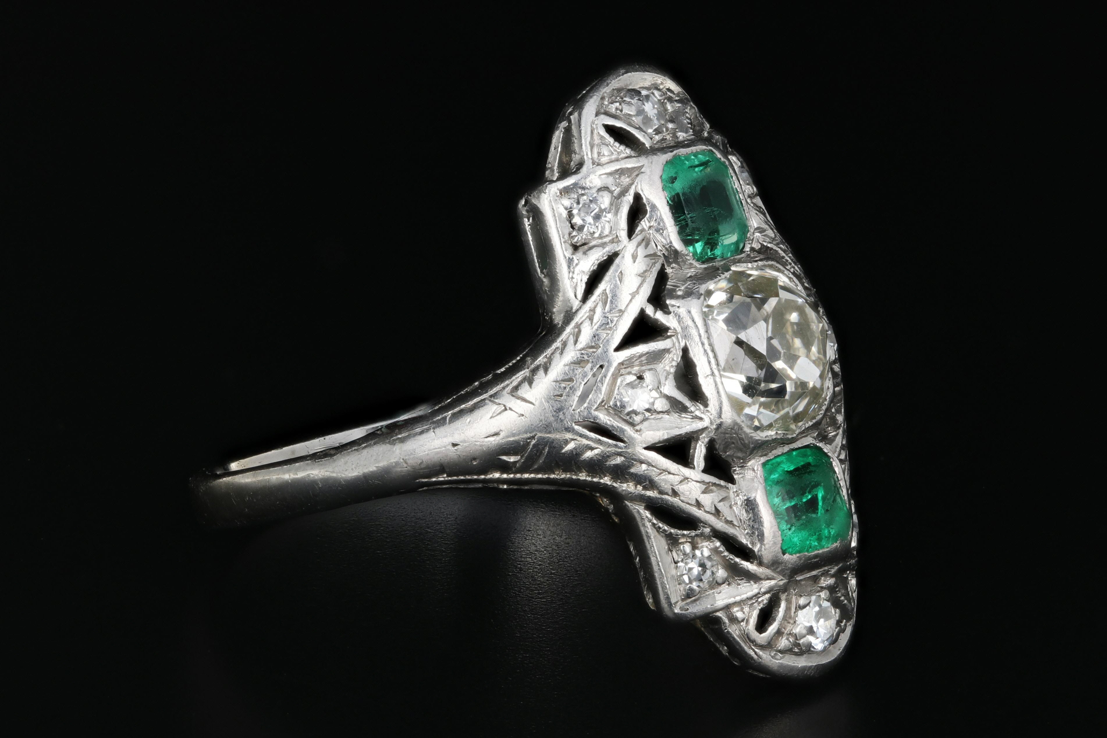 Art Deco Platinum .80 Carat Old Mine Cut Diamond and Emerald Ring - Queen May