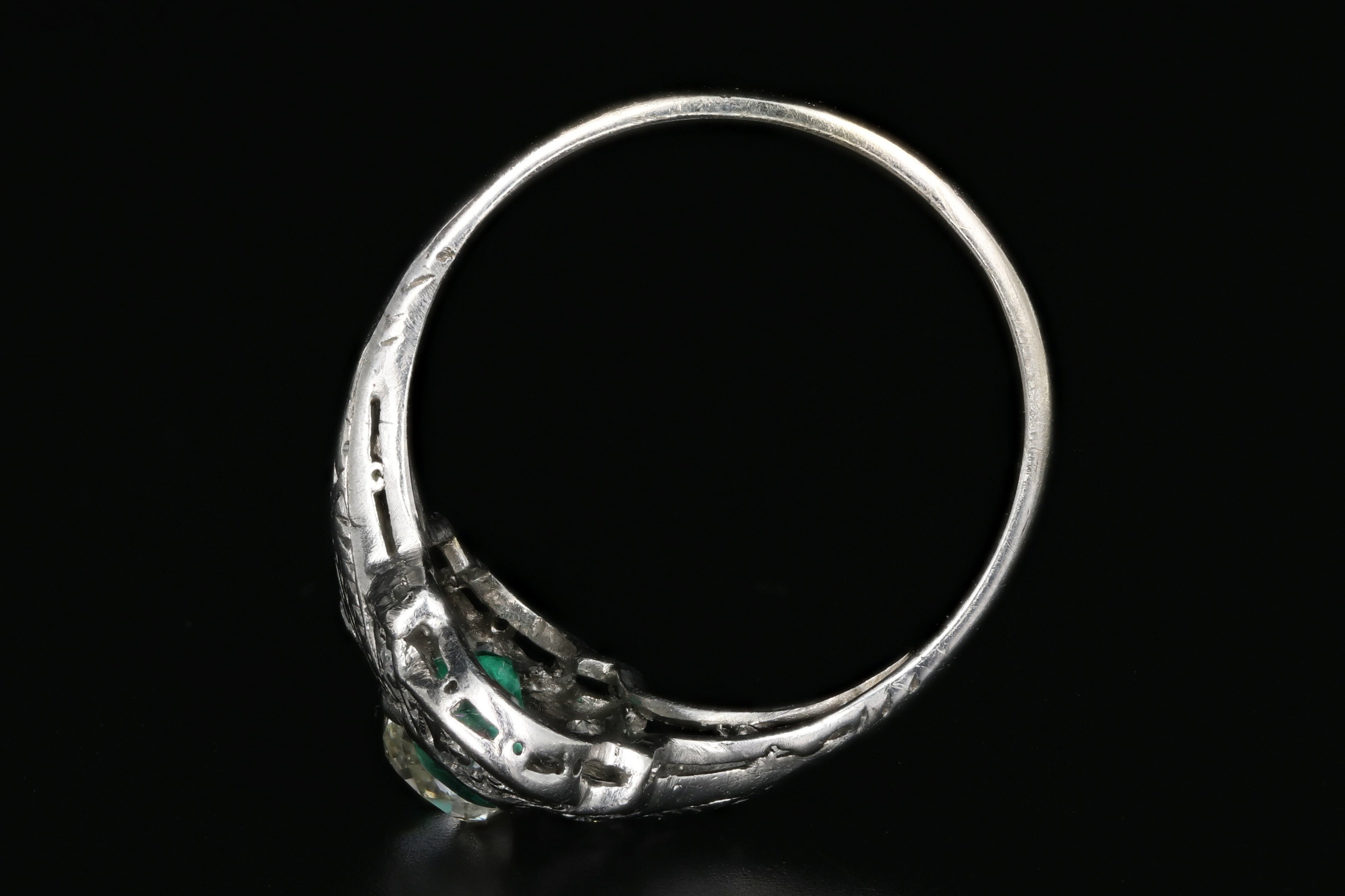 Art Deco Platinum .80 Carat Old Mine Cut Diamond and Emerald Ring - Queen May