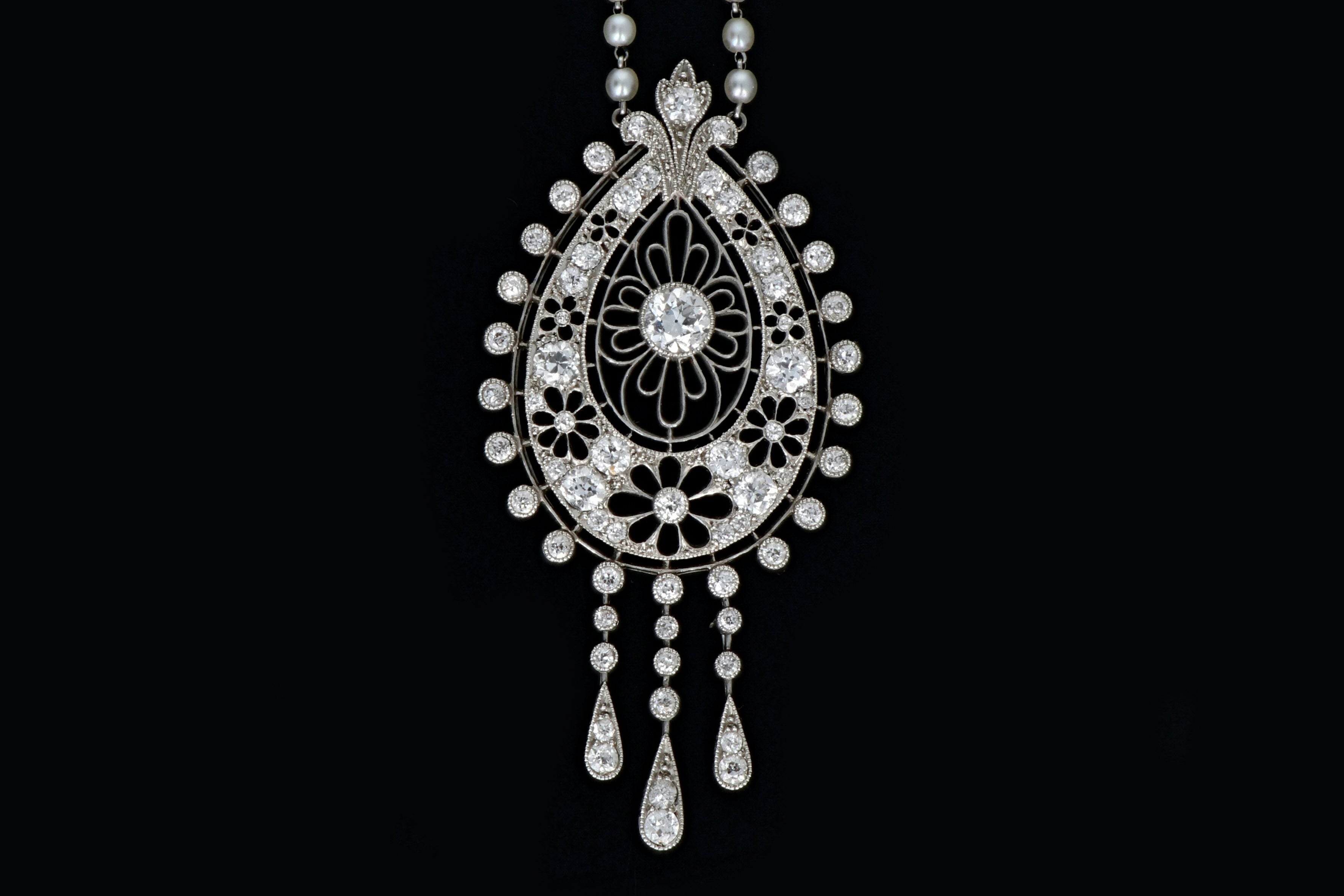 Edwardian Platinum 1.5 Carat European Diamond and Natural Pearl Necklace - Queen May