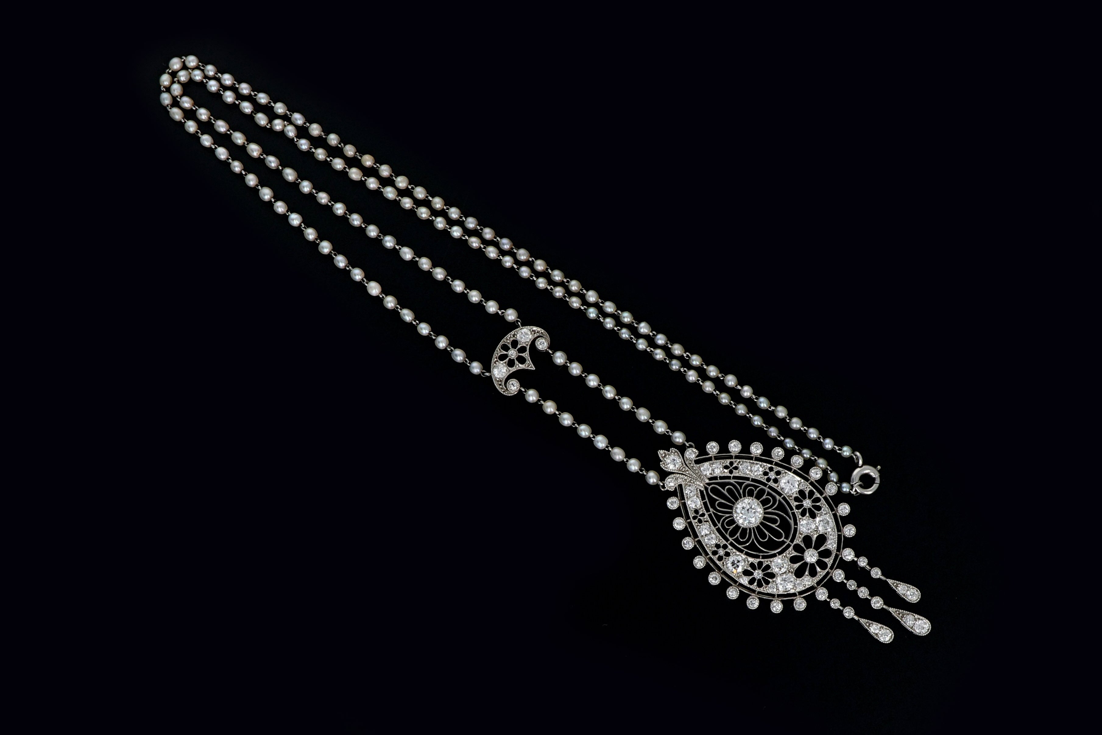 Edwardian Platinum 1.5 Carat European Diamond and Natural Pearl Necklace - Queen May